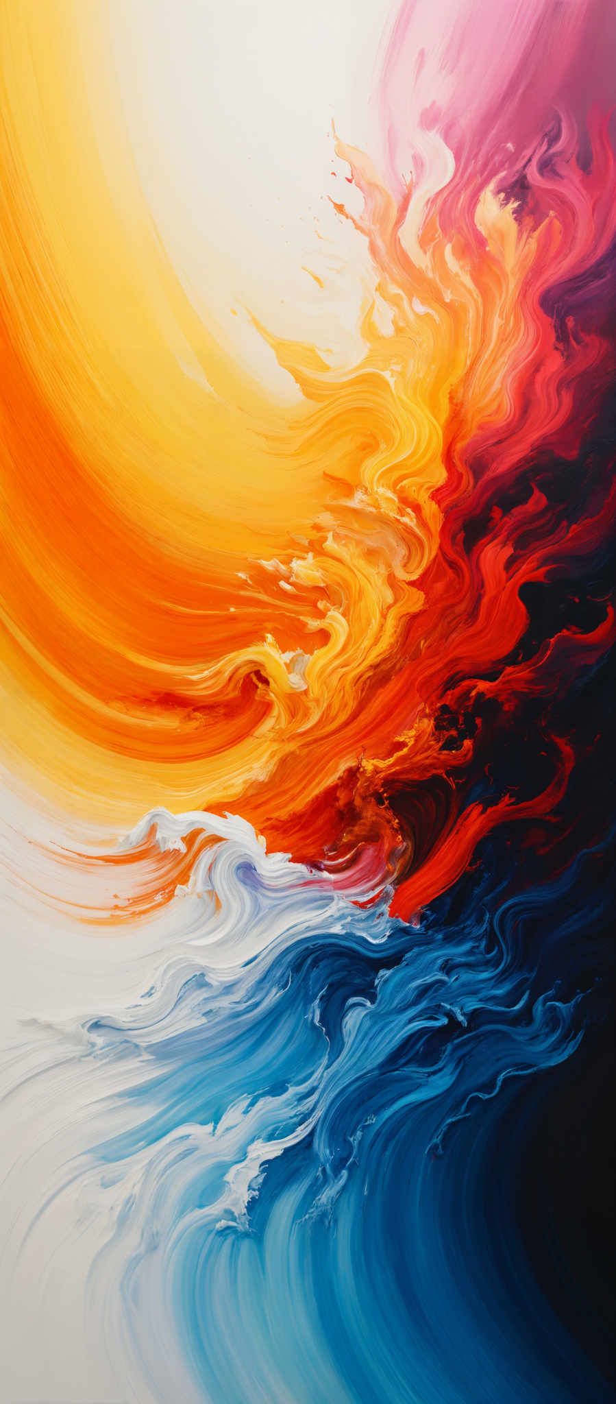 The image showcases a vibrant and dynamic mix of colors. The top portion is dominated by a gradient of yellow and orange, giving the impression of a sun or a fiery explosion. As we move downwards, the colors transition to deep reds and purples, resembling a fierce sunset or a volcanic eruption. The bottom part of the image is cooler in tone, with shades of blue and white, reminiscent of waves or a turbulent sea. The swirling patterns of the colors create a sense of movement and energy, as if the colors are flowing and intermingling with each other.