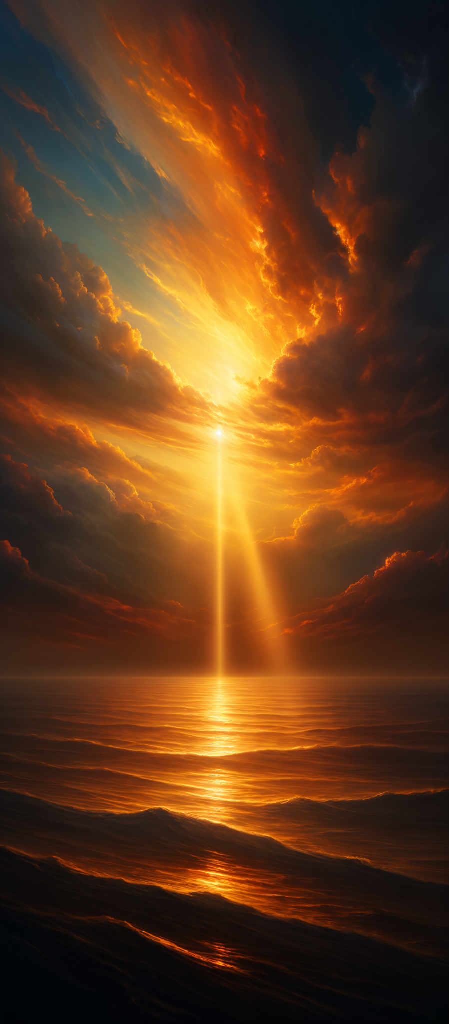 The image showcases a breathtaking sunset over a vast body of water. The sky is painted with a myriad of colors, ranging from deep blues to fiery oranges and reds. The sun, positioned near the horizon, emits a brilliant beam of light that pierces through the clouds, creating a radiant pathway. The clouds are dense and dramatic, with some parts illuminated by the sun's glow and others shrouded in shadow. The water below reflects the sunset's hues, creating shimmering waves that add depth and movement to the scene.