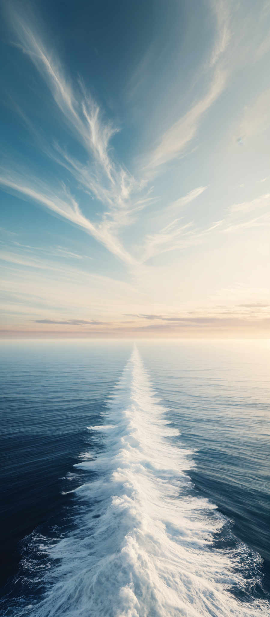 The image showcases a vast expanse of the ocean with a wake trail from a moving vessel. The sky above is painted with hues of blue, transitioning from a deeper shade at the top to a lighter, almost golden hue near the horizon. Wispy white clouds are scattered across the sky, adding to the serene ambiance. The ocean's surface reflects the sky's colors, creating a harmonious blend of the two elements. The wake, a white frothy trail, cuts a path through the water, leading the viewer's eye towards the horizon, symbolizing movement and journey.