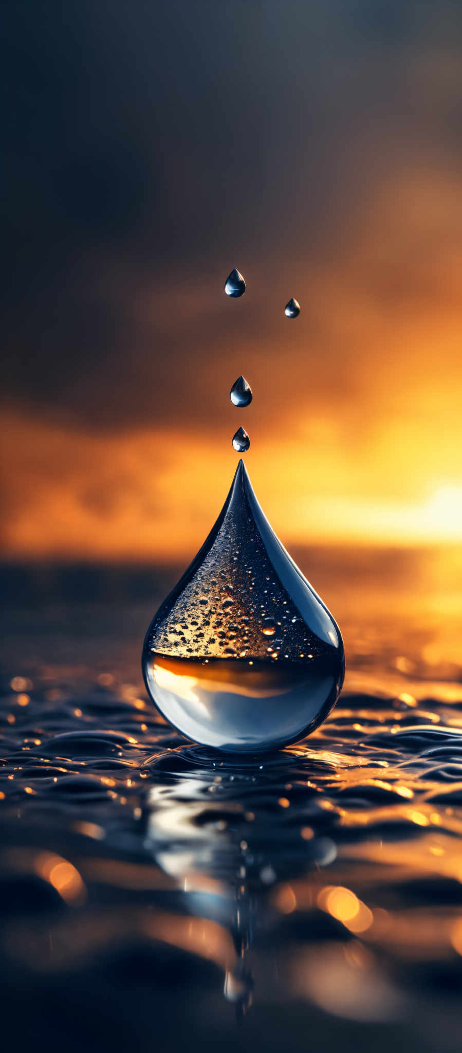 The image showcases a vibrant and dramatic scene. The dominant colors are deep blues, fiery oranges, and golden yellows. The shape is that of a teardrop, with smaller droplets suspended above it. The main droplet is filled with water, which reflects the colors of the sky, creating a mirrored effect. The background depicts a sunset or sunrise over a body of water, with the sky painted in hues of orange, yellow, and purple. The water's surface has ripples, and the reflection of the sunset creates a shimmering effect.