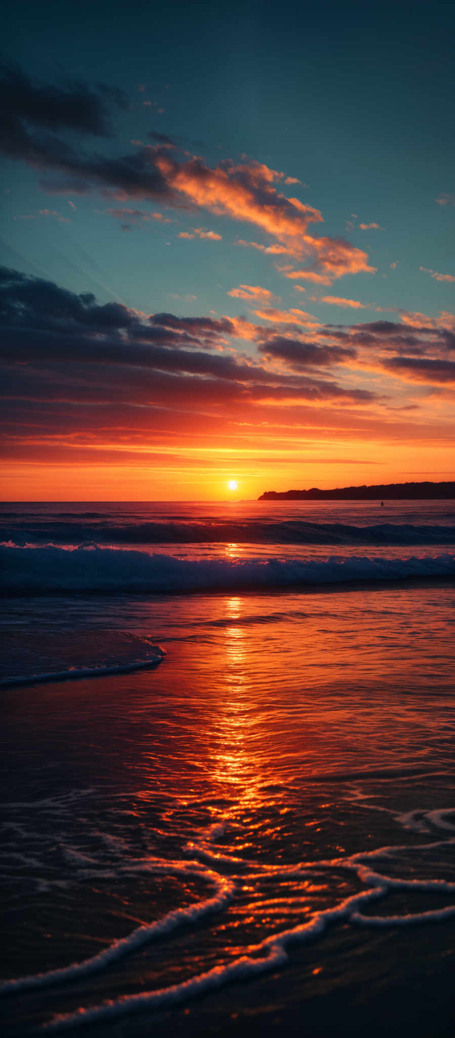 The image showcases a breathtaking sunset over a beach. The sky is painted with hues of orange, gold, and deep blue, with scattered clouds reflecting the sun's glow. The sun itself is a brilliant orb, casting a golden reflection on the water below. The waves gently crash onto the shore, creating white foam. In the distance, there's a silhouette of land or an island. The overall ambiance is serene and tranquil, evoking feelings of peace and wonder.