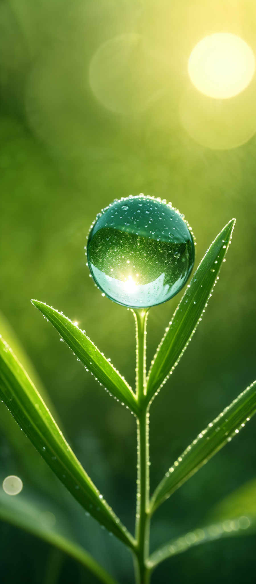 The image showcases a vibrant green background, possibly representing a grassy or leafy environment. Dominating the center is a dew-covered plant stem with elongated leaves. The most striking feature is a large, circular dew drop on one of the leaves. This dew droplet acts like a lens, magnifying the scene behind it. The droplets on the plant are shiny, reflecting light, and the background has a soft glow, possibly from the sun, creating a serene and ethereal atmosphere.