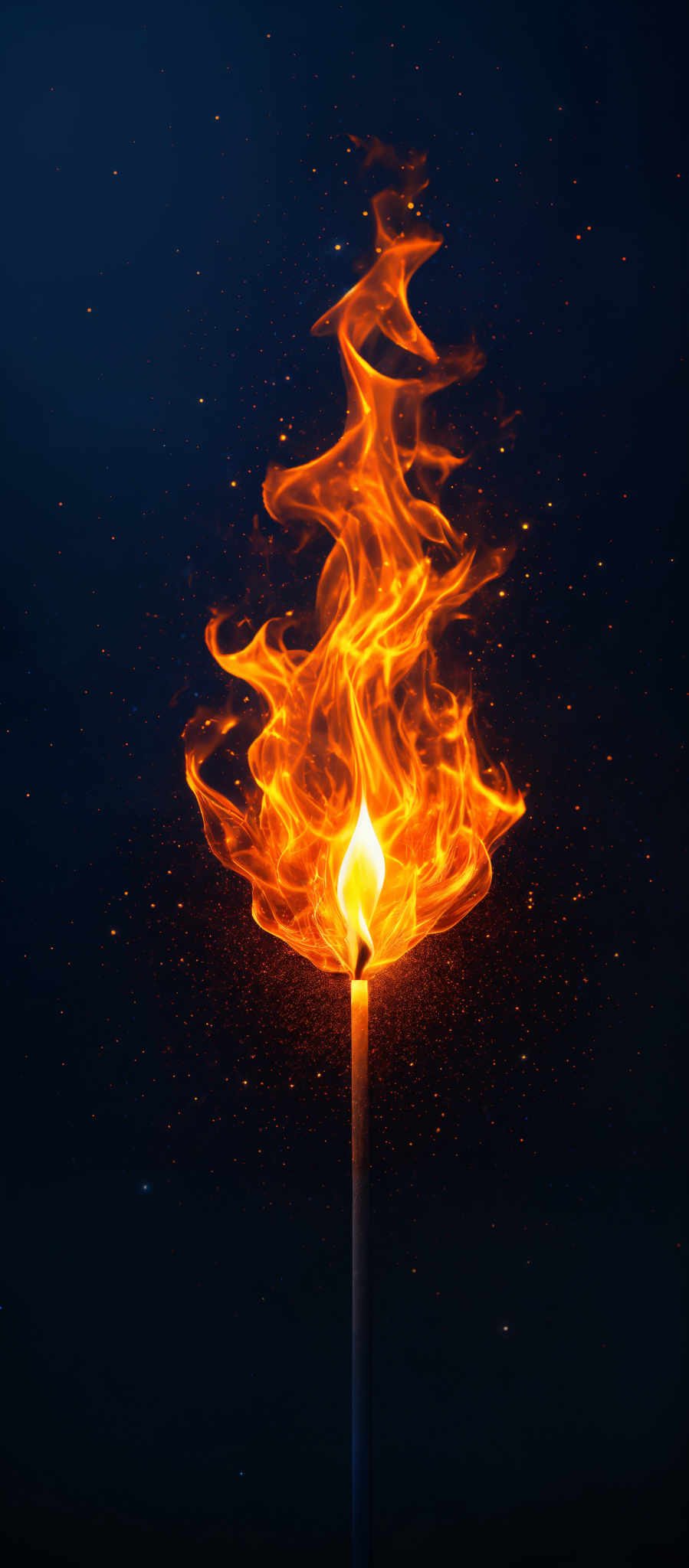 The image showcases a vibrant display of flames emanating from a lit matchstick. The flames are a fiery orange-red, with intricate patterns and swirls, giving them a dynamic and almost ethereal appearance. The background is a deep, dark blue, which contrasts sharply with the brightness of the flames, making them stand out prominently. The overall effect is both mesmerizing and dramatic.