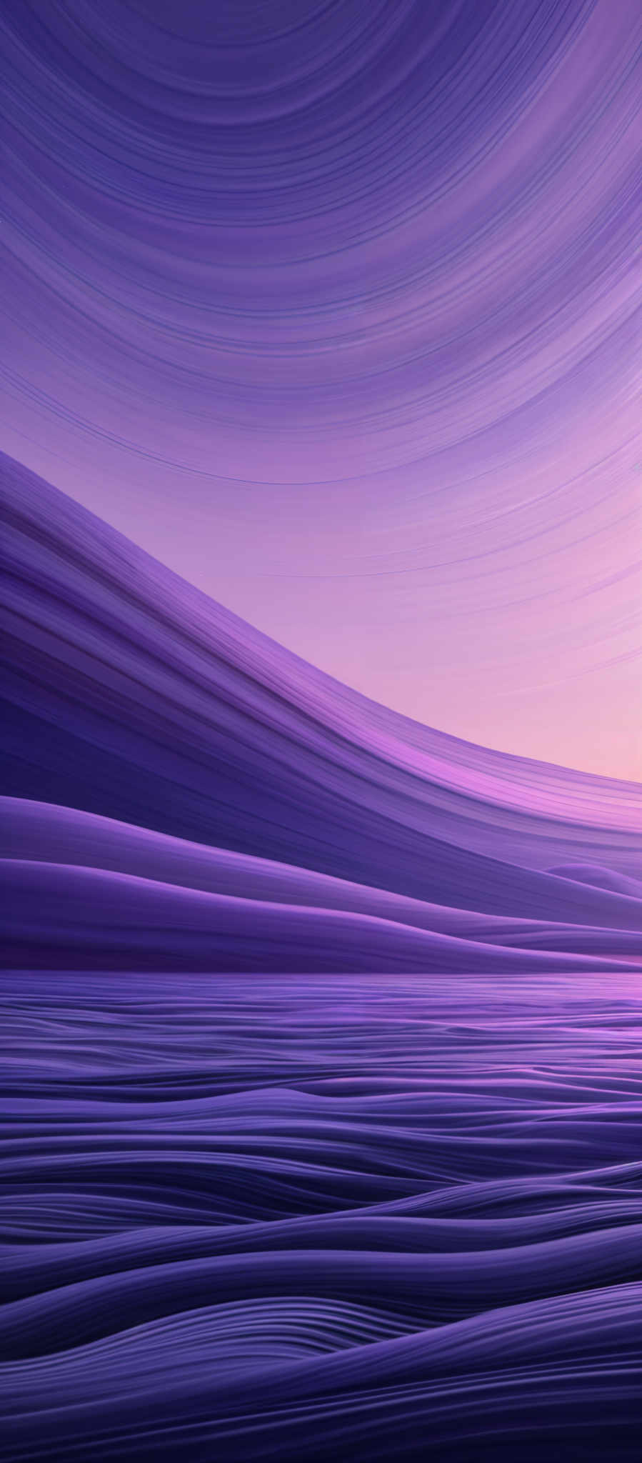 The image showcases a vibrant and mesmerizing scene of what appears to be a vast, undulating landscape. The dominant colors are varying shades of purple, ranging from deep to light, creating a gradient effect. The landscape is characterized by wavy, flowing patterns that resemble both sand dunes and waves. The top portion of the image displays a circular motion, possibly representing the sun or a celestial body, with concentric circles radiating outwards. The bottom part of the landscape seems to be reflecting the colors of the sky, with a gradient transitioning from purple to a soft pinkish hue.