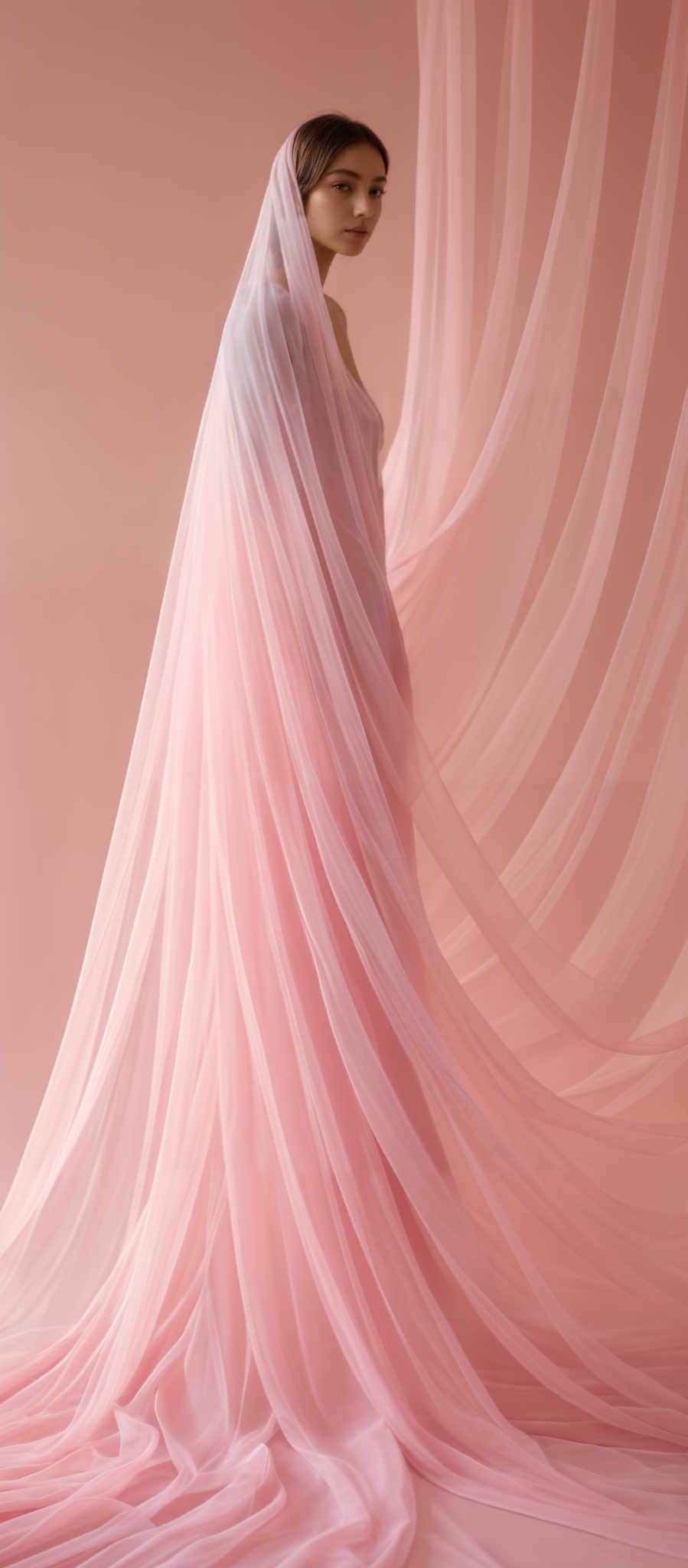 The image showcases a woman draped in a flowing, translucent pink fabric. The fabric cascades gracefully around her, creating a semi-transparent veil that envelops her. The background is a soft shade of pink, complementing the fabric. She has a serene expression on her face, and her gaze is directed towards the viewer. The overall ambiance of the image is ethereal and dreamy.