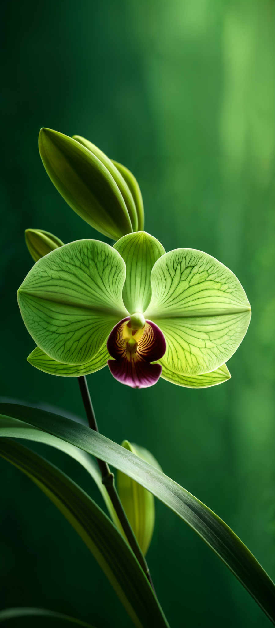 The image showcases a vibrant green orchid flower. The flower has a broad, oval shape with intricate veining patterns that display a mix of light and dark green hues. The center of the flower is deep purple, and it has a prominent yellowish-white streak that radiates outwards. Surrounding the flower are green leaves, which are long and slender, with a smooth texture. The background is a blurred green, emphasizing the orchid and giving it a spotlight effect.