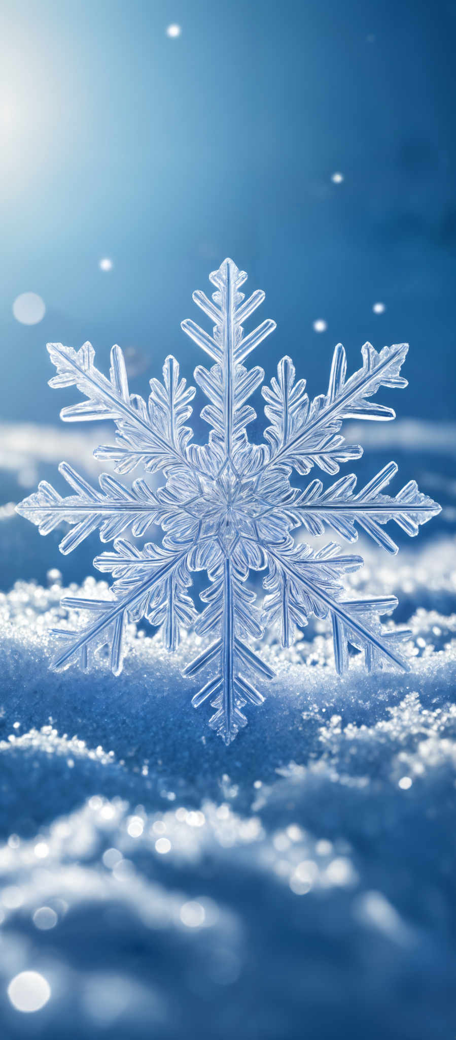 The image showcases a beautiful snowflake against a blue background. The snowflare is intricately designed with multiple sharp, pointed arms radiating outwards. It is translucent, revealing a detailed structure with fine lines and patterns. The background is a gradient of blue, with a brighter hue at the top and a darker hue towards the bottom. There are also small particles or snowflocks scattered around, adding to the wintry ambiance.