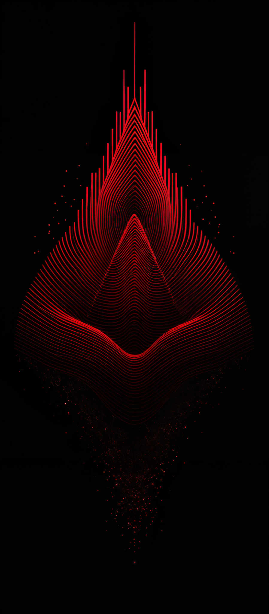 The image predominantly features a deep black background with a striking red, almost neon, geometric design. The design appears to be a symmetrical, three-dimensional form that resembles a mountain or peak, with wavy lines radiating outwards. The top of the design has a sharp, vertical line, giving it a sharp and pointed appearance. The bottom of the image fades into a dispersed pattern of red dots, which adds depth and dimension to the overall design.