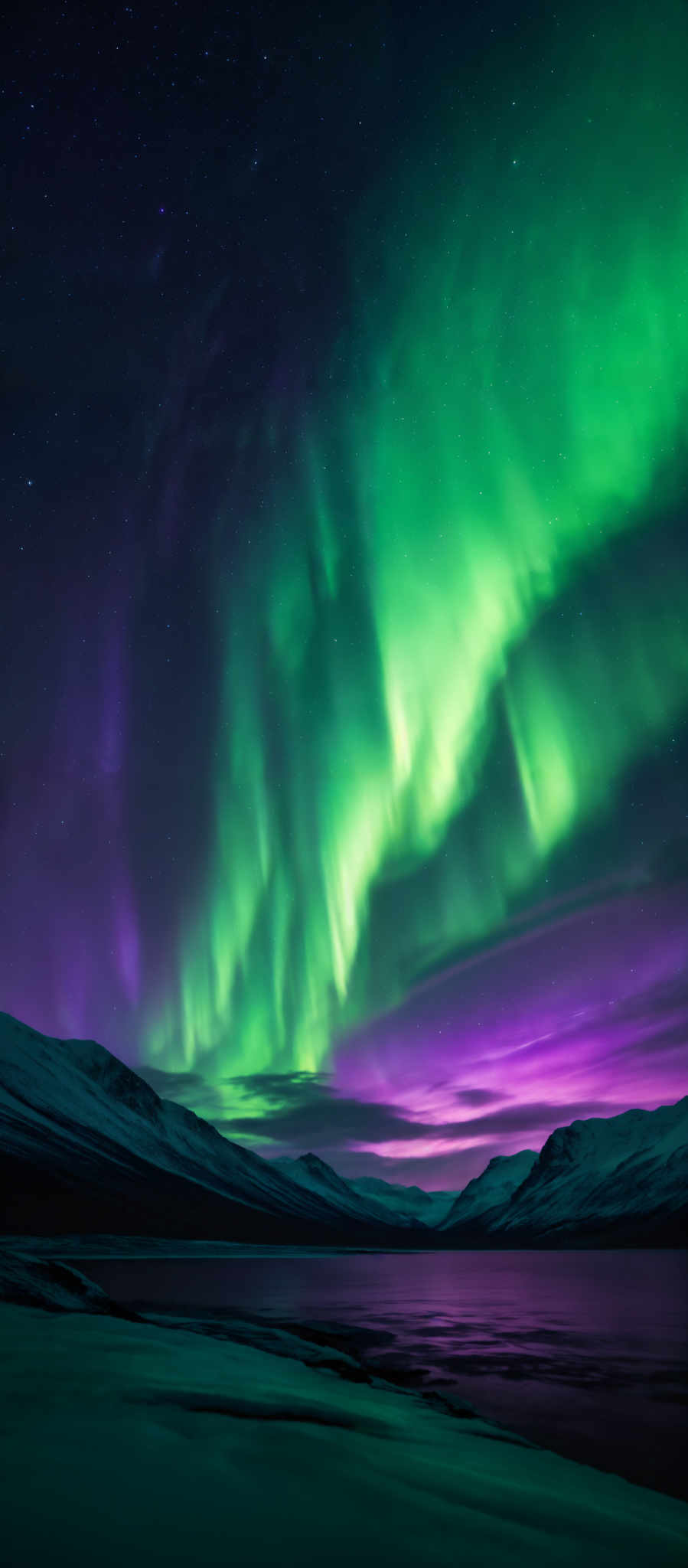 The image showcases a breathtaking view of the Northern Lights, also known as the Aurora Borealis. The colors are a vibrant mix of green and purple, creating an ethereal glow against the night sky. The shape is wavy and flowing, reminiscent of cascading water or waves. The landscape below consists of snow-covered mountains and a serene body of water, reflecting the colors of the sky. Stars dot the sky, adding to the overall mystique of the scene.