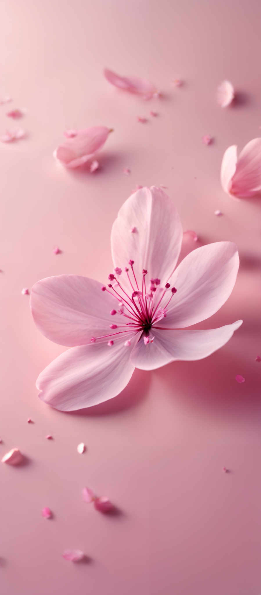 The image showcases a delicate pink flower with a circular shape. The petals are soft and smooth, with a gradient of light to dark pink. The flower's center is intricate, with tiny pink stamens radiating outwards from a central pinkish-red core. Scattered around the flower are small pink petal fragments and some larger petal pieces, all set against a soft pink background.