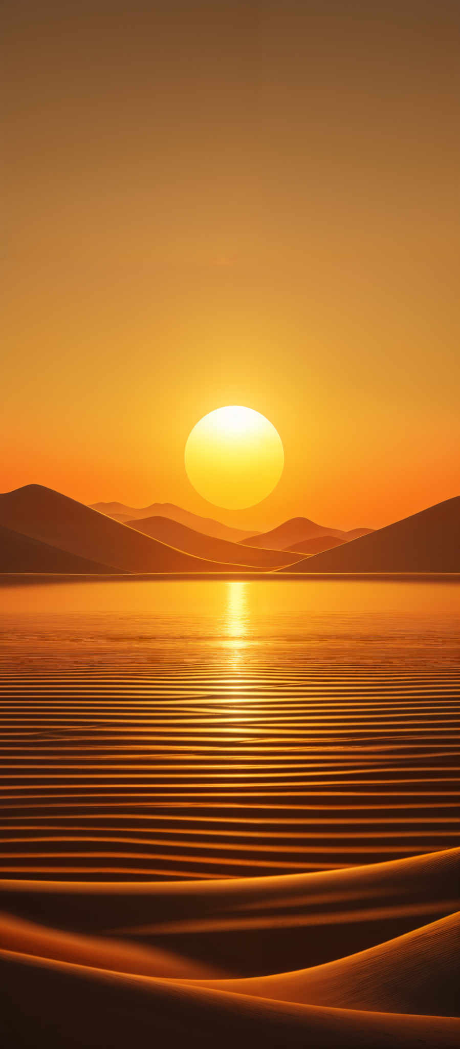 The image showcases a breathtaking sunset over a serene landscape. The dominant colors are warm hues of orange, gold, and deep red, which beautifully blend into the horizon. The sun is depicted as a large, glowing orb, casting a brilliant reflection on the calm waters below. The foreground features undulating sand dunes with intricate patterns, possibly created by the wind. The dunes are bathed in a golden light, creating a sense of depth and dimension. In the distance, there are silhouettes of mountains or hills, further enhancing the depth of the scene.