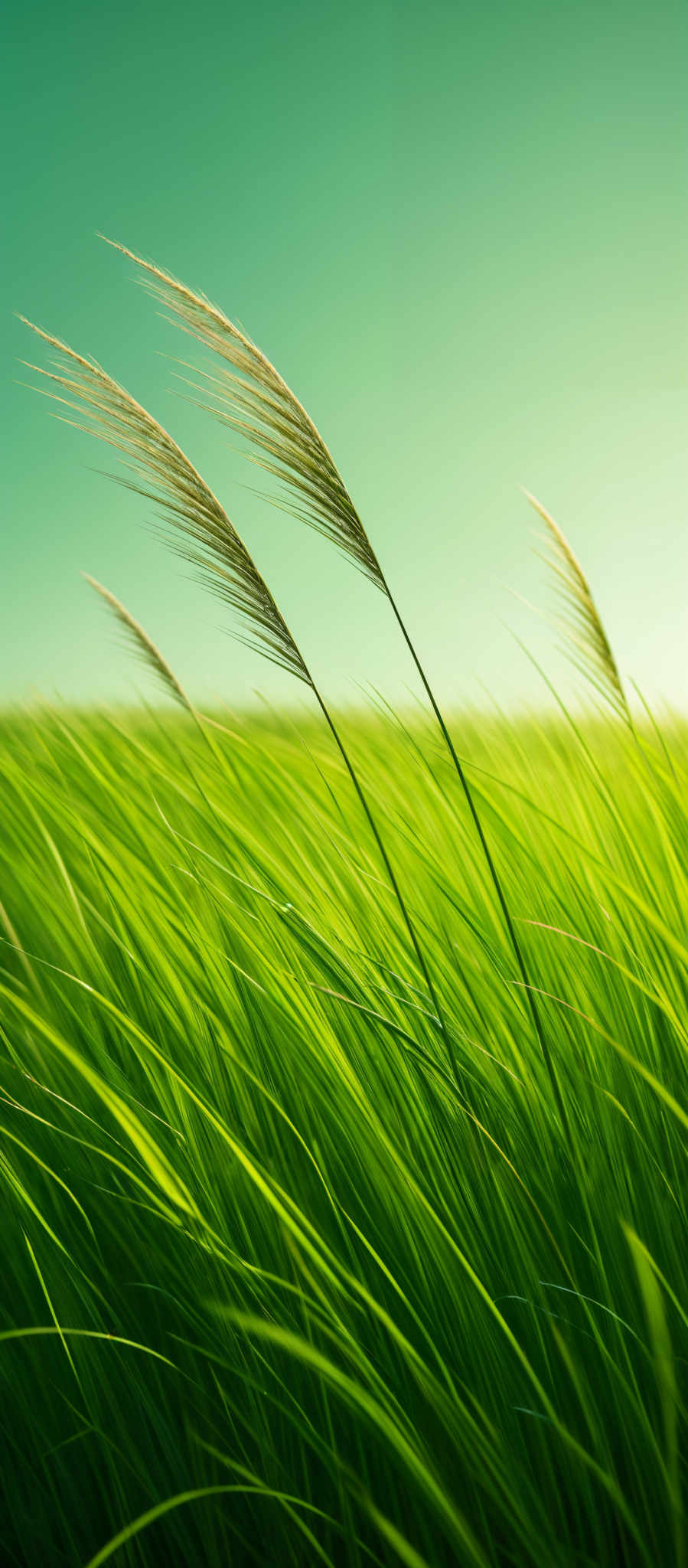 The image showcases a vibrant green field with tall grasses swaying in the wind. The grasses have a feathery appearance with delicate strands that seem to be illuminated by the sunlight. In the background, there's a clear blue sky, and the entire scene exudes a sense of tranquility and natural beauty.