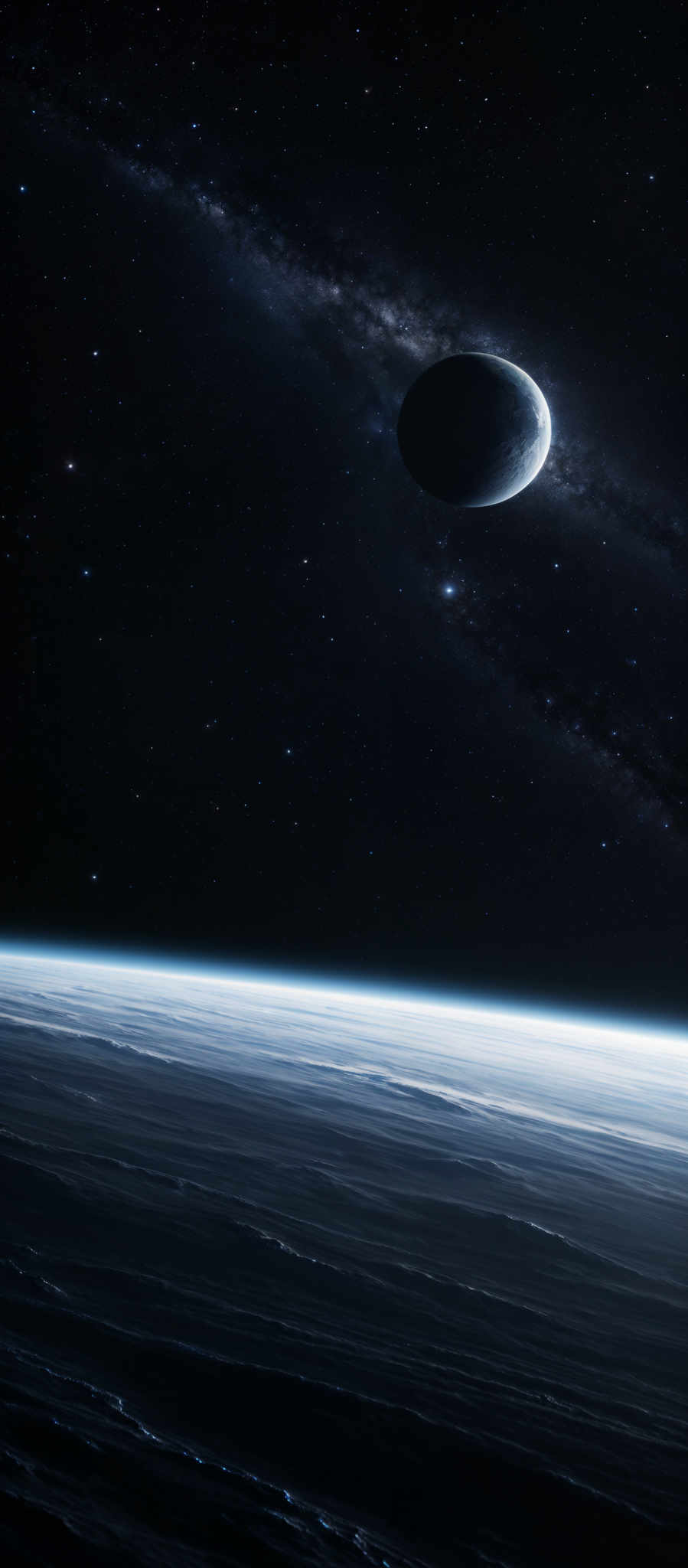 The image showcases a vast expanse of space with a deep blue and black backdrop. Dominating the scene is a large, dark celestial body, possibly a planet, with a smooth and slightly textured surface. To the right of the planet, there's a smaller, crescent-shaped celestIAL body, which could be a moon. The vastness of space is punctuated by numerous stars, some of which are brighter than others, creating a dazzling effect. Above the celestrial bodies, there is a magnificent display of a galaxy, with its spiraling arms and dense cluster of stars, casting a soft glow on the scene. The horizon of a planet or moon is visible at the bottom, with an ethereal blue glow, possibly indicating an atmosphere or a reflection of light from a distant source.