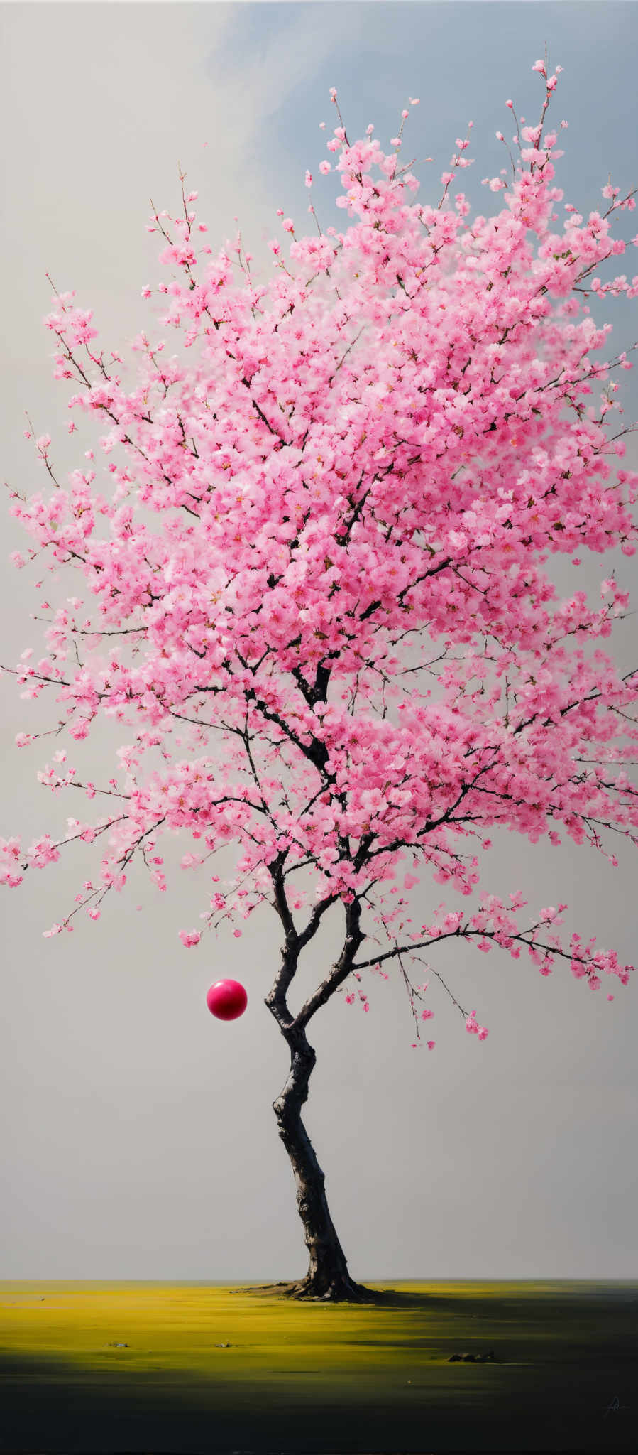 The image showcases a vibrant and lively scene of a tree in full bloom. The tree is predominantly pink, with its branches densely covered in pink blossoms. A striking feature is a red orb or sphere hanging from one of the tree's branches. The background is a gradient of light gray, transitioning to a darker shade at the bottom, which might represent a horizon or ground. The overall mood of the image is serene and dreamy.