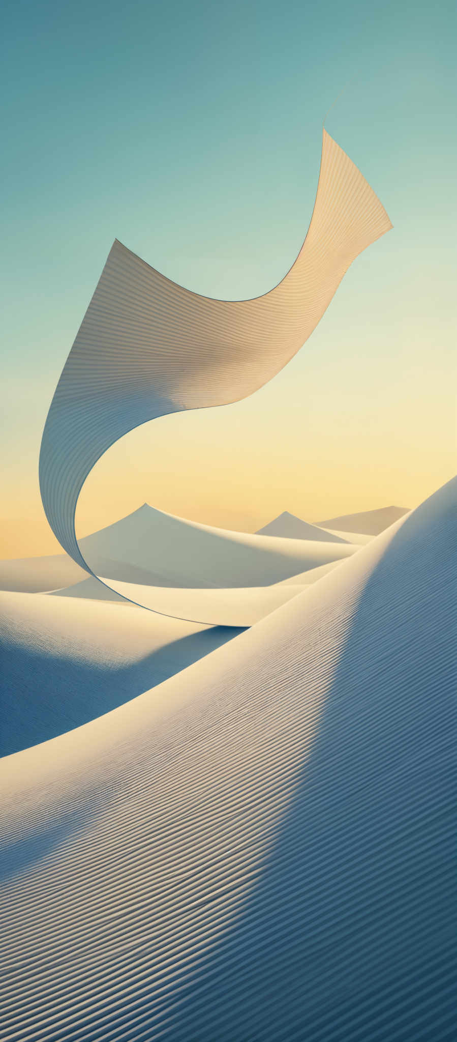 The image showcases a vast desert landscape with smooth sand dunes. The sky above is clear with a gradient of colors, transitioning from a light blue at the top to a warm golden hue near the horizon. Dominating the foreground is a large, abstract, curved structure made of what appears to be sand or a similar material. This structure is white and has a ribbed texture, resembling a flowing fabric or a wave. The dunes in the background have gentle ripples, possibly caused by the wind, and their gentle slopes contrast with the sharpness of the structure in the foremost part of the image, creating a sense of depth and perspective.