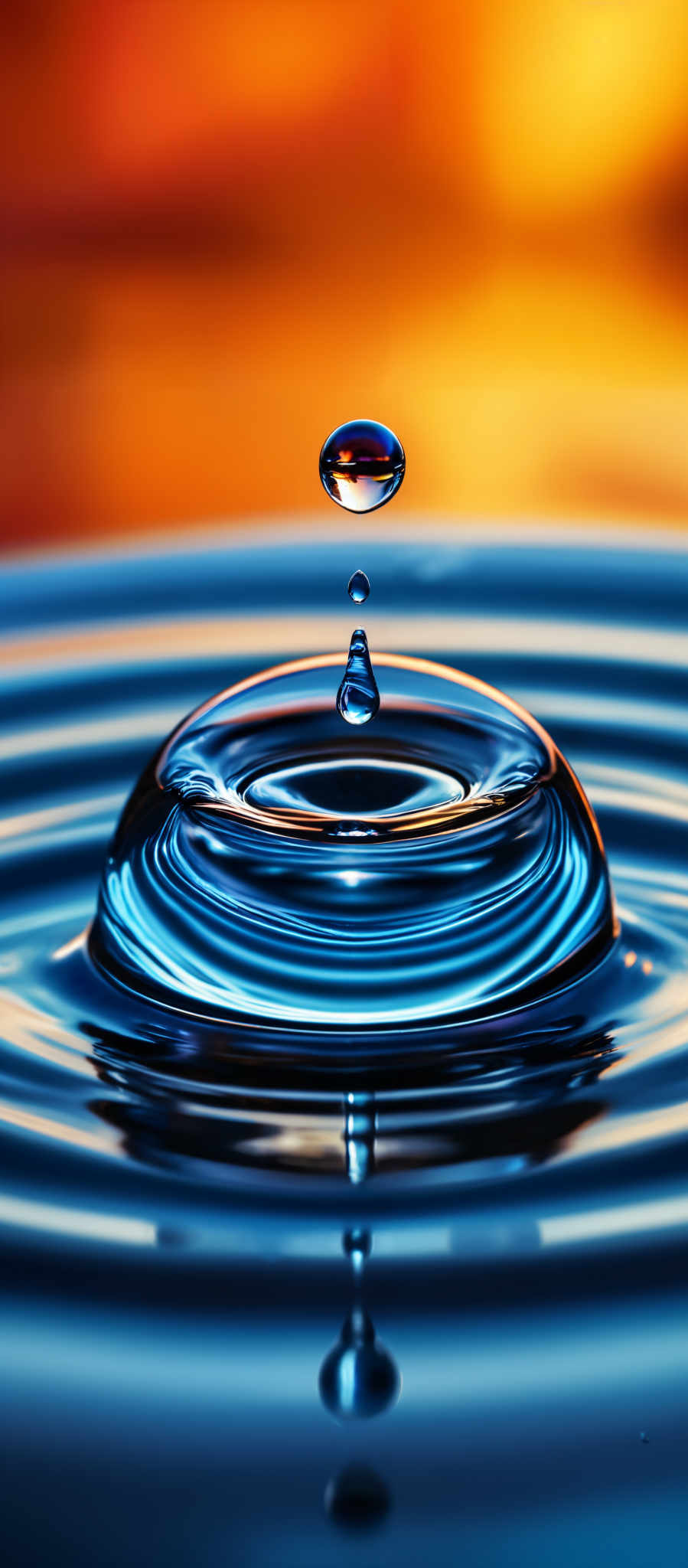 The image showcases a vibrant scene of a water droplet impacting the surface of a body of water. The droplets are captured in a high-speed photograph, revealing intricate details such as the refraction of light within the droplettes and the ripples they create on the water's surface. The background displays a gradient of colors, transitioning from a deep blue at the top to a fiery orange and red near the horizon, suggesting either a sunrise or sunset.