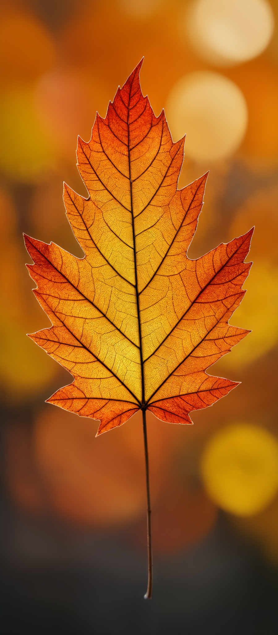 The image showcases a vibrant autumn leaf, predominantly in shades of orange and red. The leaf has a distinctive maple-like shape with multiple pointed lobes. The intricate veins of the leaf are clearly visible, giving it a textured appearance. The background is blurred with hues of orange, yellow, and brown, suggesting a bokeh effect, which emphasizes the leaf as the focal point.