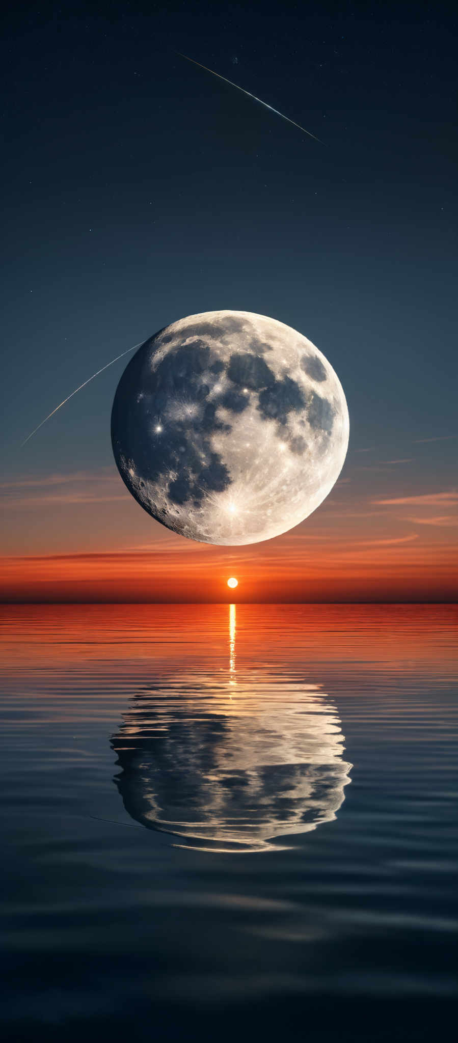 The image showcases a breathtaking scene of a large, detailed moon hovering over a serene body of water. The moon displays a myriad of craters and surface details. The horizon reveals a vibrant sunset with hues of orange and red, reflecting on the water. Above, the night sky is dotted with stars, and there's a shooting star or meteor streaking across it.