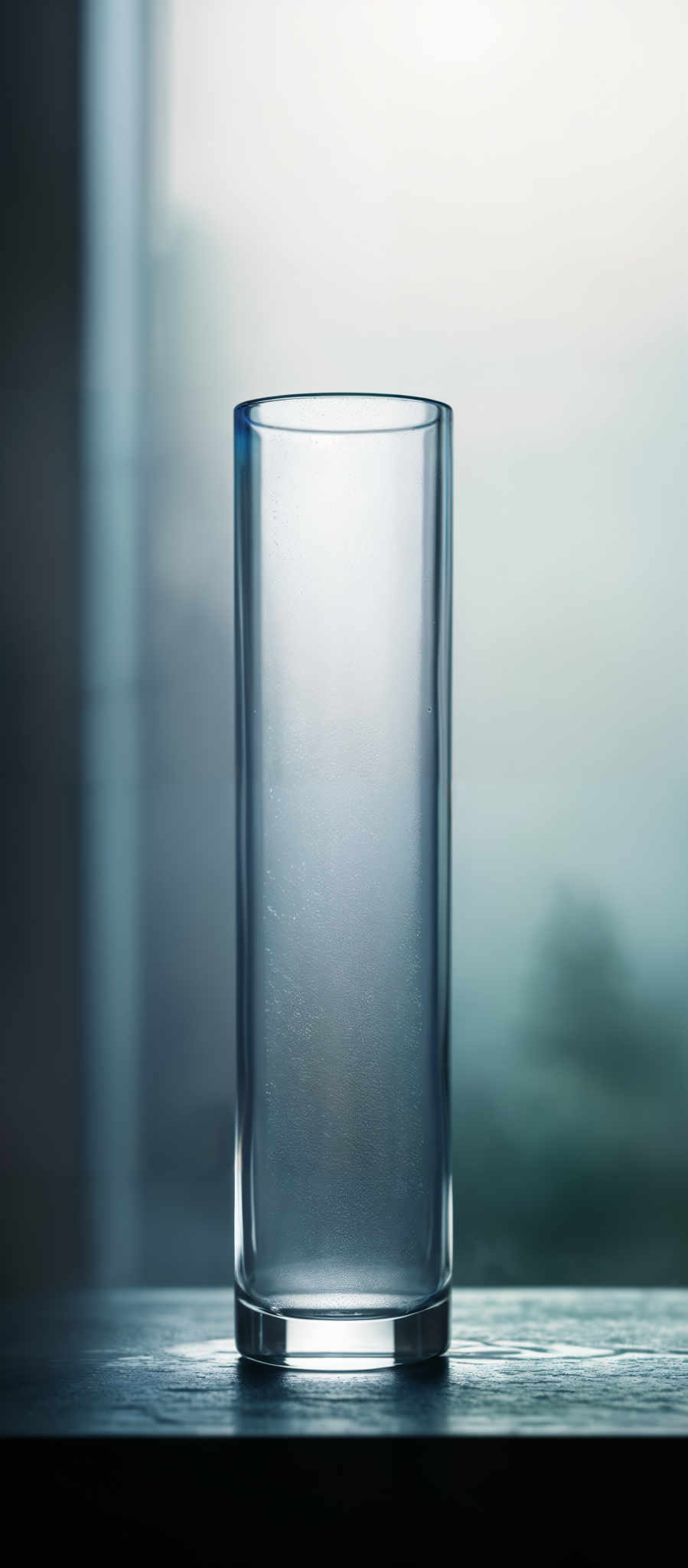 The image showcases a tall, cylindrical glass placed on a surface. The glass appears transparent, allowing the viewer to see its internal structure. The background is blurred, but it seems to depict a window with a view of a cloudy or foggy environment. The color palette is dominated by cool tones, with the glass reflecting a soft blue hue from the background.