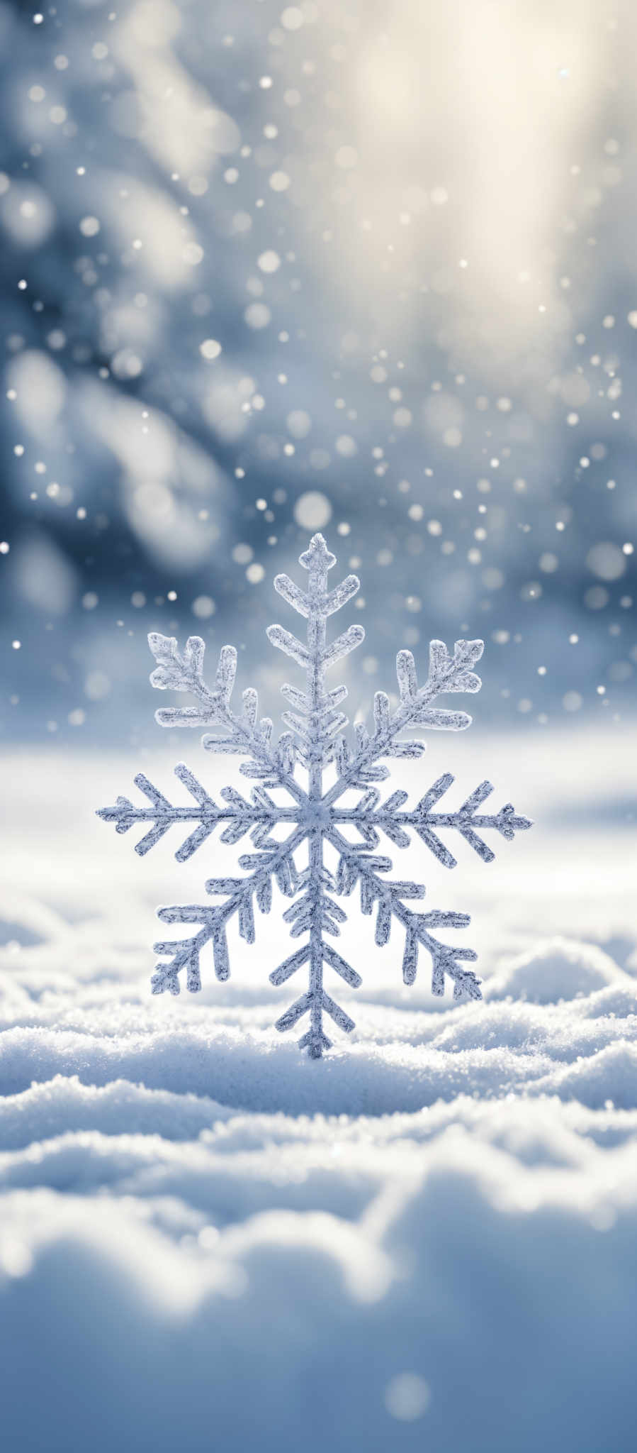 The image showcases a beautiful snowflake in the foreground, which is intricately designed with multiple pointed arms and a symmetrical shape. The snowflare is set against a blurred background of snow and falling snowflaps, creating a serene winter scene. The color palette is dominated by shades of blue and white, with the snowflace itself appearing translucent and glistening, reflecting the light from above.