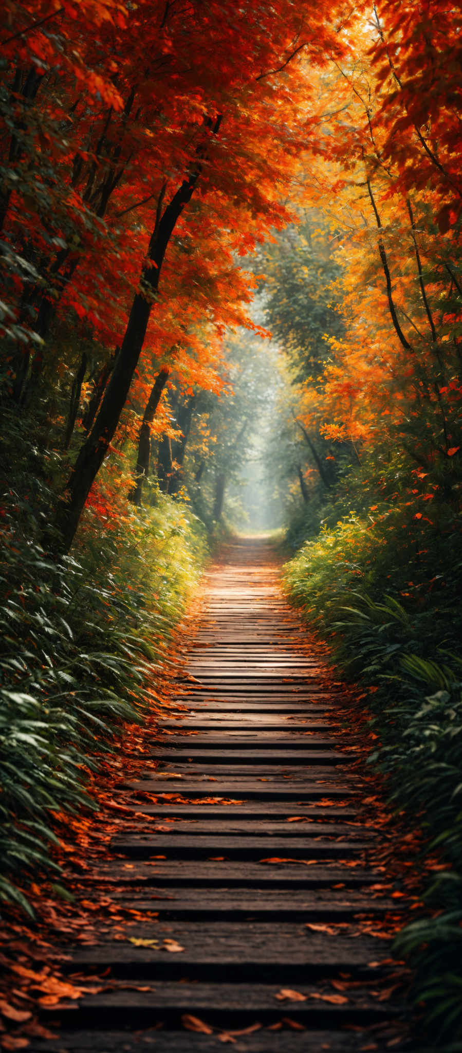 The image showcases a picturesque scene of a forest during autumn. The dominant colors are vibrant shades of red, orange, and yellow, representing the autumn foliage. The trees have a tall and slender shape, with branches extending outwards. The forest floor is covered with fallen leaves, creating a carpet-like effect. A wooden pathway, which appears to be made of planks, runs through the forest, leading the viewer's eye deeper into the scene. The pathway is surrounded by dense vegetation, and the light filtering through the trees creates a serene and ethereal atmosphere.