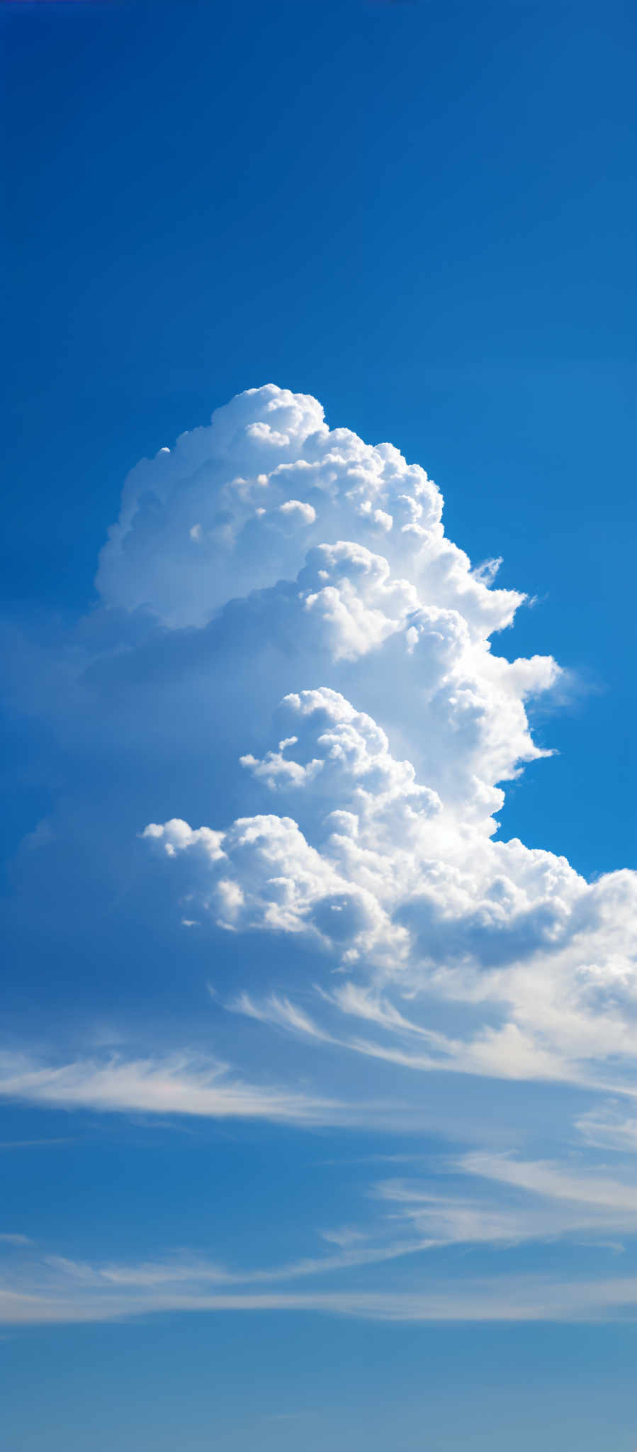 The image showcases a vast expanse of blue sky with a prominent cloud formation. The cloud is white and fluffy, resembling cumulus clouds. It's positioned towards the right side of the image and appears to be towering and dense. The surrounding sky is a deep shade of blue, with subtle streaks of white, possibly indicating the presence of other clouds or atmospheric phenomena.