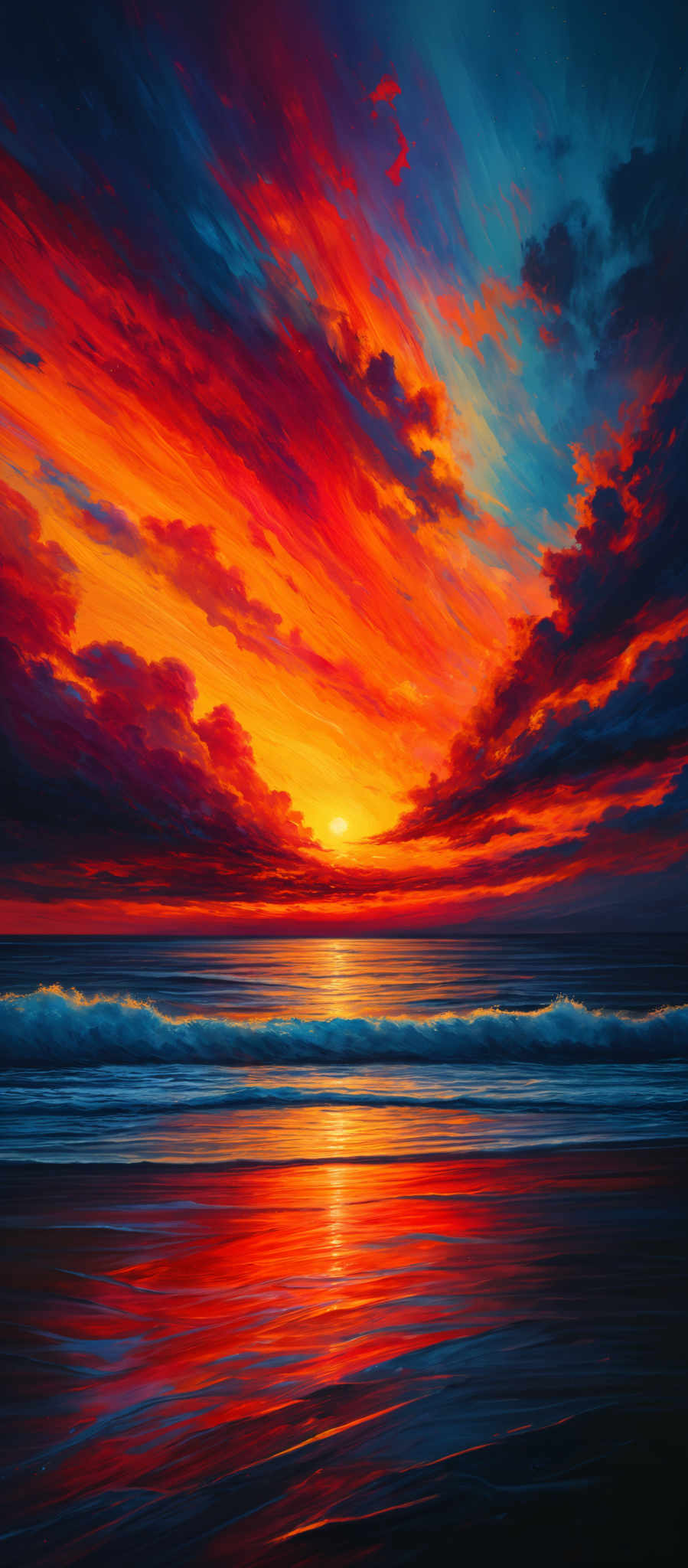 The image showcases a vibrant sunset over a beach. The sky is painted with a myriad of colors, ranging from deep blues and purples to fiery oranges, reds, and yellows. The clouds are dramatic, with some appearing as dark silhouettes and others illuminated by the setting sun. The sun itself is a brilliant, glowing orb, casting a golden reflection on the water below. The beach has gentle waves crashing onto the shore, and the entire scene is reflected in the wet sand, creating a mirror-like effect.