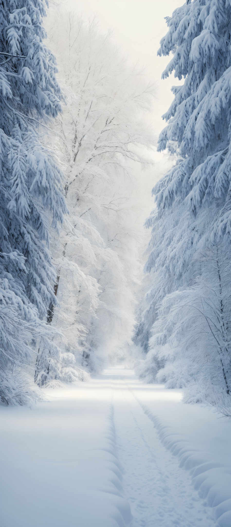 The image showcases a serene winter landscape. Dominating the scene are tall trees, their branches laden with thick, white snow. The trees are coniferous, with needle-like leaves, and their branches create a dense canopy overhead. The ground is blanketed in a thick layer of snow, forming a soft, undulating pathway that leads the viewer's eye deeper into the scene. The sky above is overcast, casting a soft light that filters through the trees, creating a dreamy, ethereal glow.