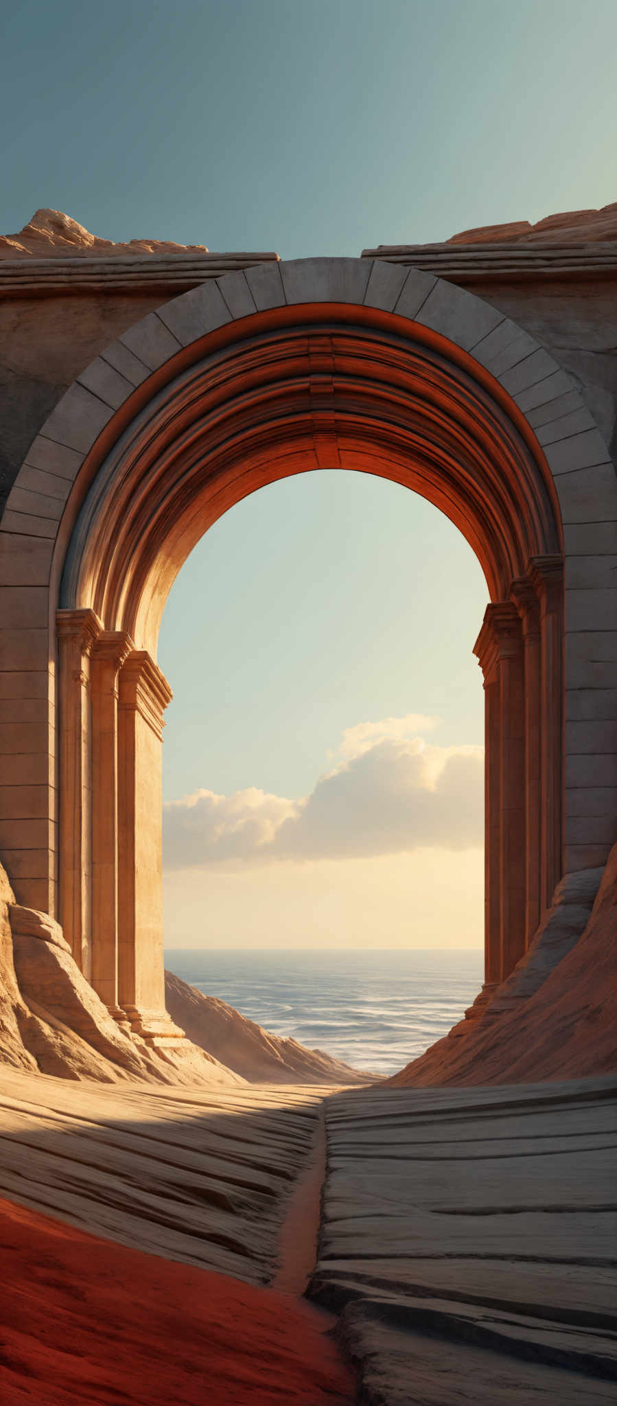 The image showcases a large, ornate archway made of stone. The arch is curved and has multiple layers, reminiscent of classical architecture. The stone has a warm, golden hue, possibly due to the sunlight. In the background, there's a serene view of the sea with gentle waves, and the sky is painted in soft shades of blue and orange, suggesting either dawn or dusk. The foreground features a sandy pathway leading to the arch, and there are some rock formations on either side.