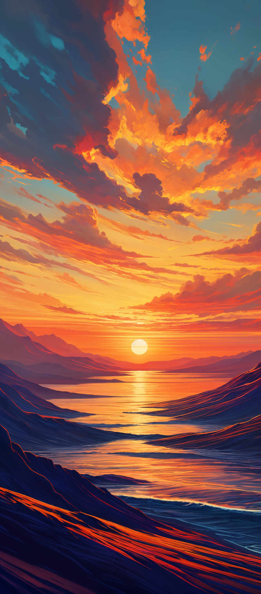 The image showcases a breathtaking sunset over a serene landscape. The sky is painted with a myriad of colors, ranging from deep blues to fiery oranges and reds. The sun, positioned near the horizon, emanates a brilliant golden glow, casting a reflection on the water below. The landscape features undulating hills and valleys, with the foreground showcasing dark, flowing water. The hills are illuminated with hues of orange and red, contrasting with the darker shades in the valleys. The clouds in the sky are dramatic, with some appearing thick and others wispy, adding depth and dimension to the scene.