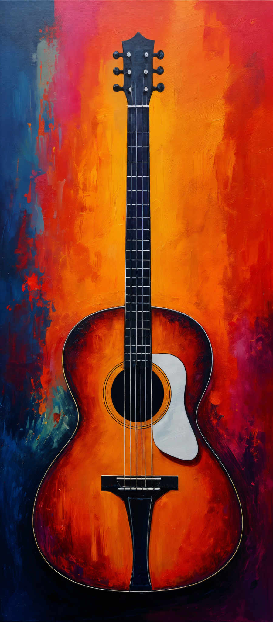 The image showcases a vibrant and colorful painting of a guitar. The guitar is predominantly in shades of orange and red, with a contrasting dark body and a lighter, almost white, pickguard. The background is a blend of deep blues, fiery reds, and warm oranges, creating an abstract and artistic backdrop. The top of the guitar features a headstock with tuning pegs, while the body has a large, round sound hole. The strings run from the pegbox down the body of the instrument.