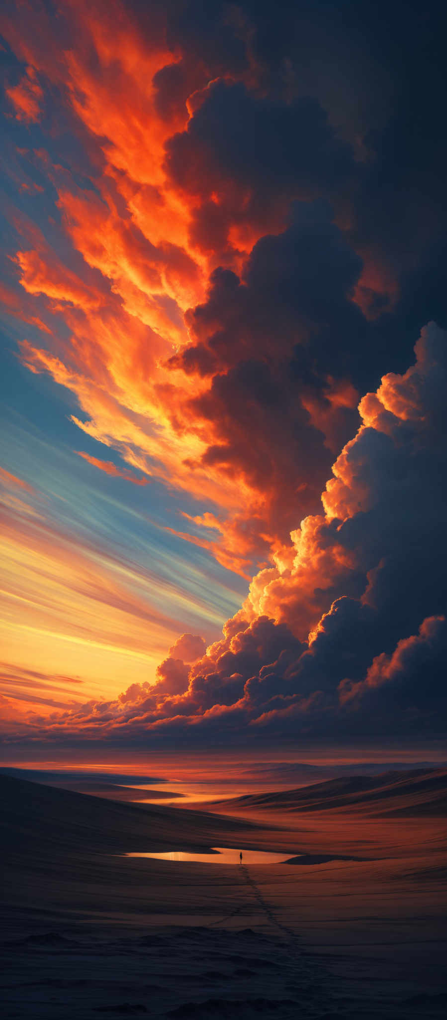 The image showcases a breathtaking landscape during sunset or sunrise. The sky is dominated by vibrant hues of orange, red, and blue, with the fiery orange and red clouds contrasting against the cooler blue tones. The clouds appear voluminous and are layered, creating a dramatic effect. Below the sky, there's a serene landscape with smooth sand dunes, a small body of water reflecting the sky's colors, and a solitary figure standing near the water, possibly admiring the view. The overall mood of the image is tranquil yet awe-inspiring.