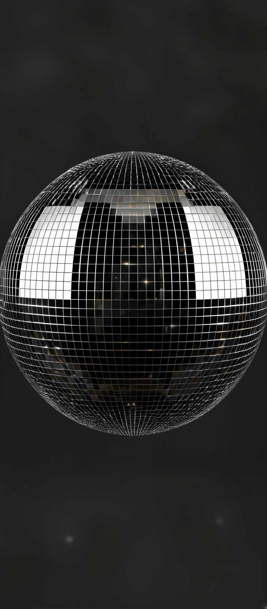 The image showcases a spherical object with a reflective, grid-like surface. The predominant colors are shades of black and silver, with the grid pattern appearing as a series of small, square reflective patches. The background is dark, possibly a night sky, which accentuates the brightness and reflectiveness of the object.