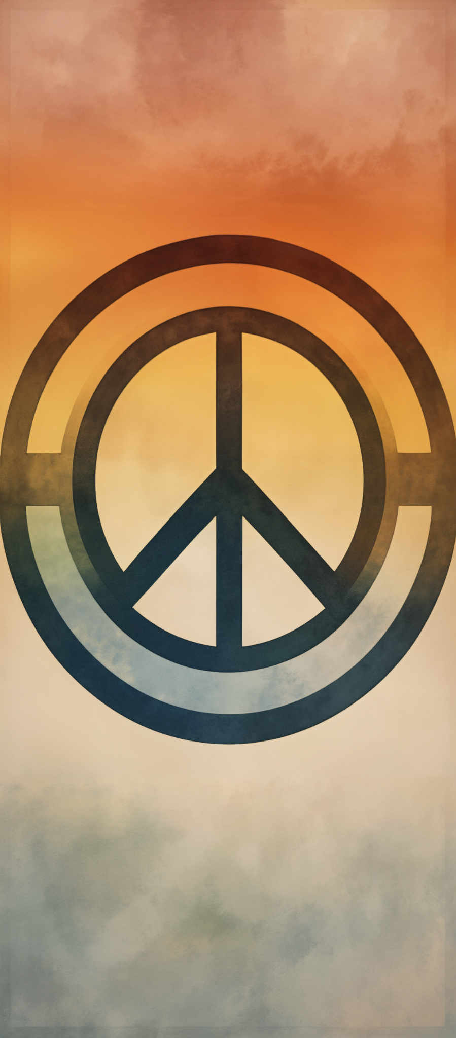 The image showcases a large, stylized peace sign. The sign is set against a gradient background transitioning from a deep orange at the top to a soft blue at the bottom. The peace sign itself is made up of two overlapping circles, with the outer circle being larger and the inner circle being smaller. The outer circle has a design that resembles a circular saw or a target, with a dark border. The inner circle is a simple, solid peace sign with a horizontal line in the middle.