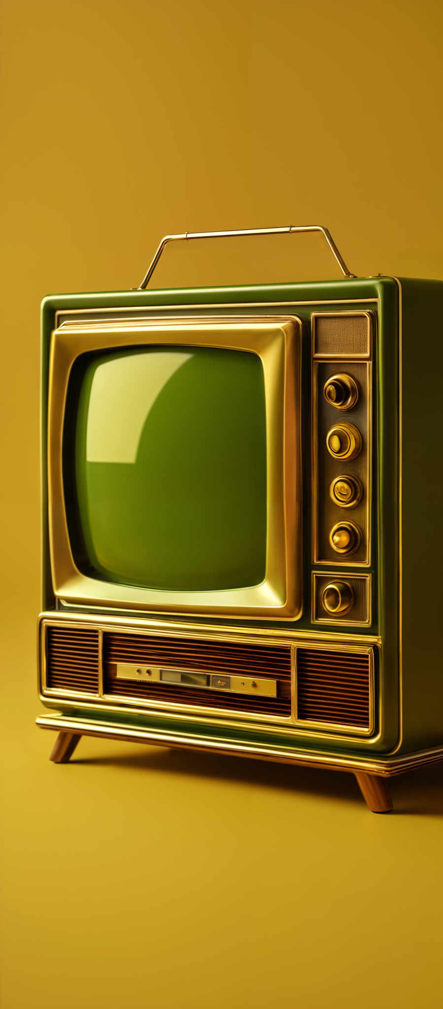 The image showcases a vintage television set. The television has a rectangular shape with rounded corners. It is predominantly green with gold accents. On the screen, there's a reflection of the surroundings, giving it a glossy appearance. The front of the television has multiple dials and knobs, suggesting it might have been used for tuning and other settings. The base of the TV has a wooden texture and there're two feet supporting it.