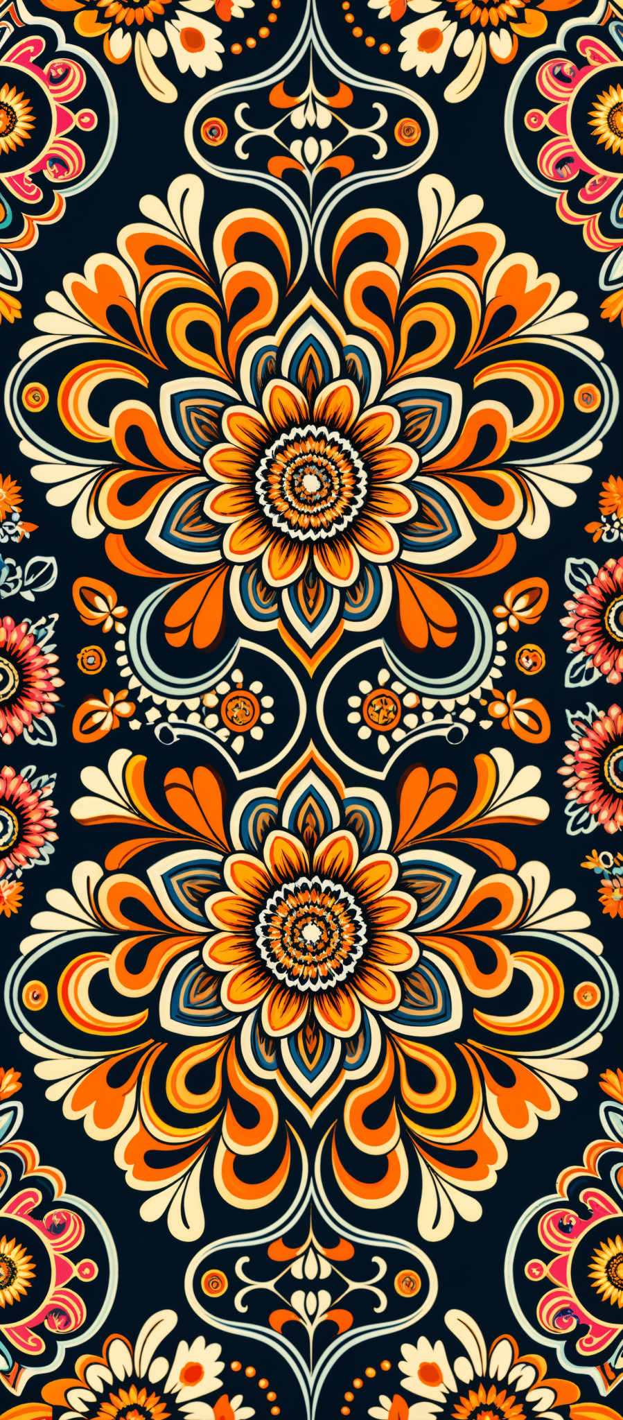 The image showcases a vibrant and intricate pattern. The dominant colors are shades of orange, blue, and pink against a dark background. The pattern consists of symmetrical designs, predominantly floral motifs, with elaborate details and swirls. The flowers are large, with multiple petals, and are surrounded by ornate designs that give a sense of depth and dimension.