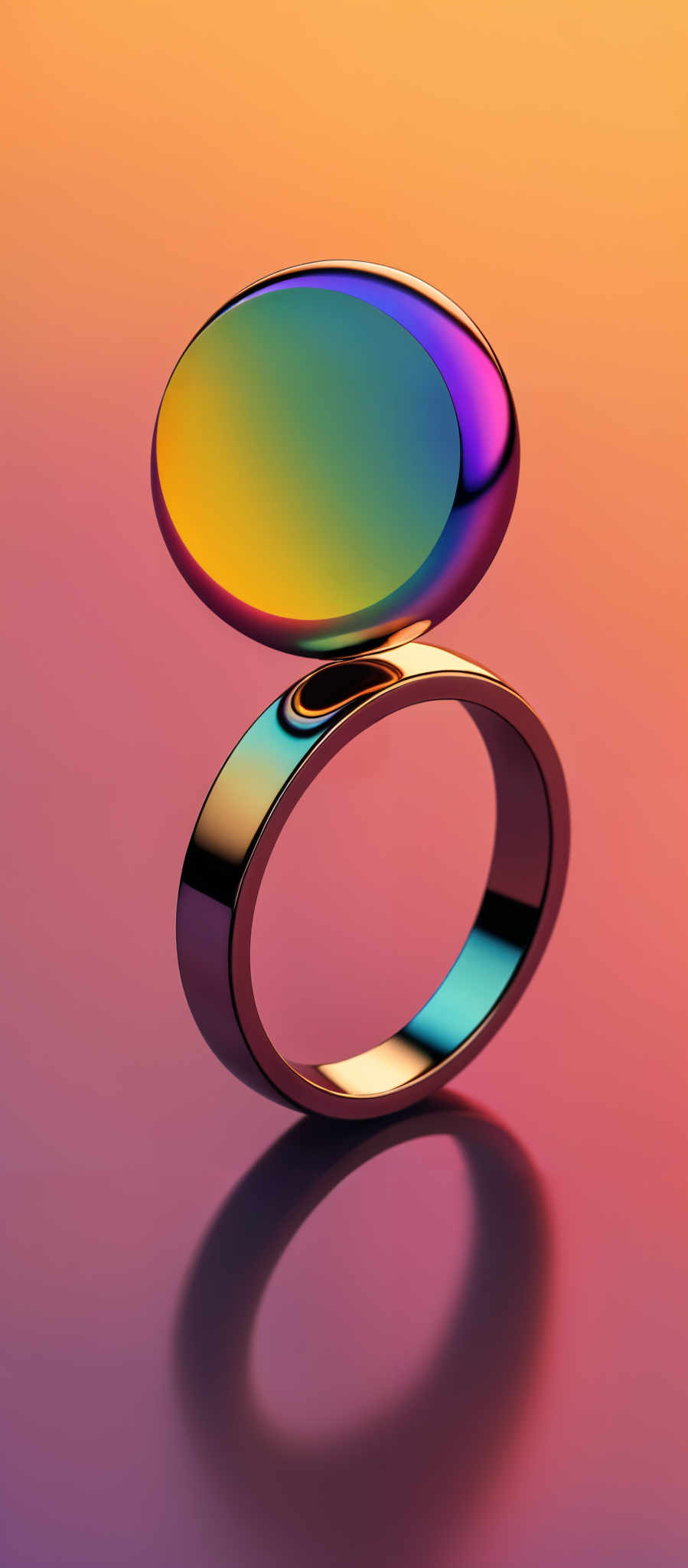 The image showcases a vibrant and colorful scene. At the center, there's a large, circular object that appears to be a bubble or orb, reflecting a myriad of colors including blue, yellow, pink, and purple. This orb is balanced on top of a shiny, metallic ring that has a similar gradient of colors. The background is a gradient of warm hues, transitioning from a deep orange at the top to a soft pink at the bottom. The overall ambiance of the image is surreal and dreamy.