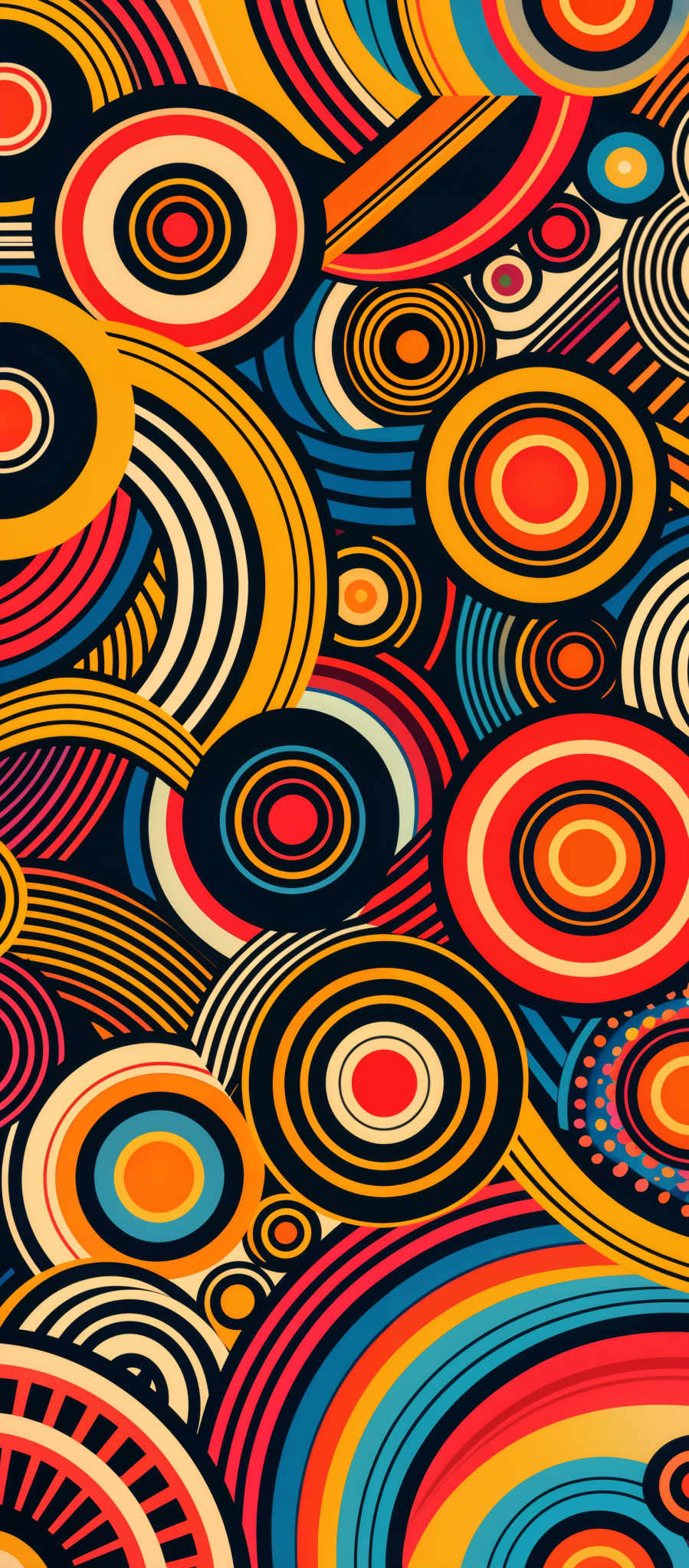 The image showcases a vibrant and intricate pattern of concentric circles and lines. The circles come in a variety of colors including red, blue, yellow, and orange, and they vary in size and thickness. The lines intertwine between the circles, creating a complex web of patterns. The overall design is reminiscent of psychedelic art, with its bold colors and intricacies.