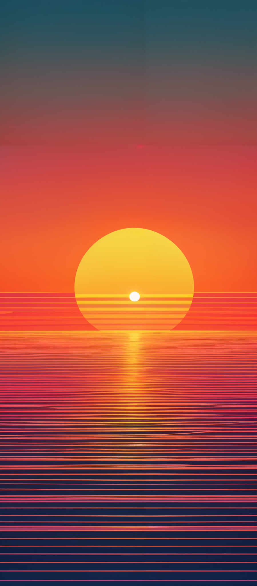 The image showcases a vibrant sunset over a calm sea. The sky transitions from a deep blue at the top to a fiery orange and red hue near the horizon. The sun is depicted as a large, round, and bright yellow orb, with a smaller white circle, possibly representing the moon or another celestial body, just above it. The sea reflects the colors of the sky, creating a gradient of orange, red, and purple. The horizon line is clearly visible, separating the sky from the sea.