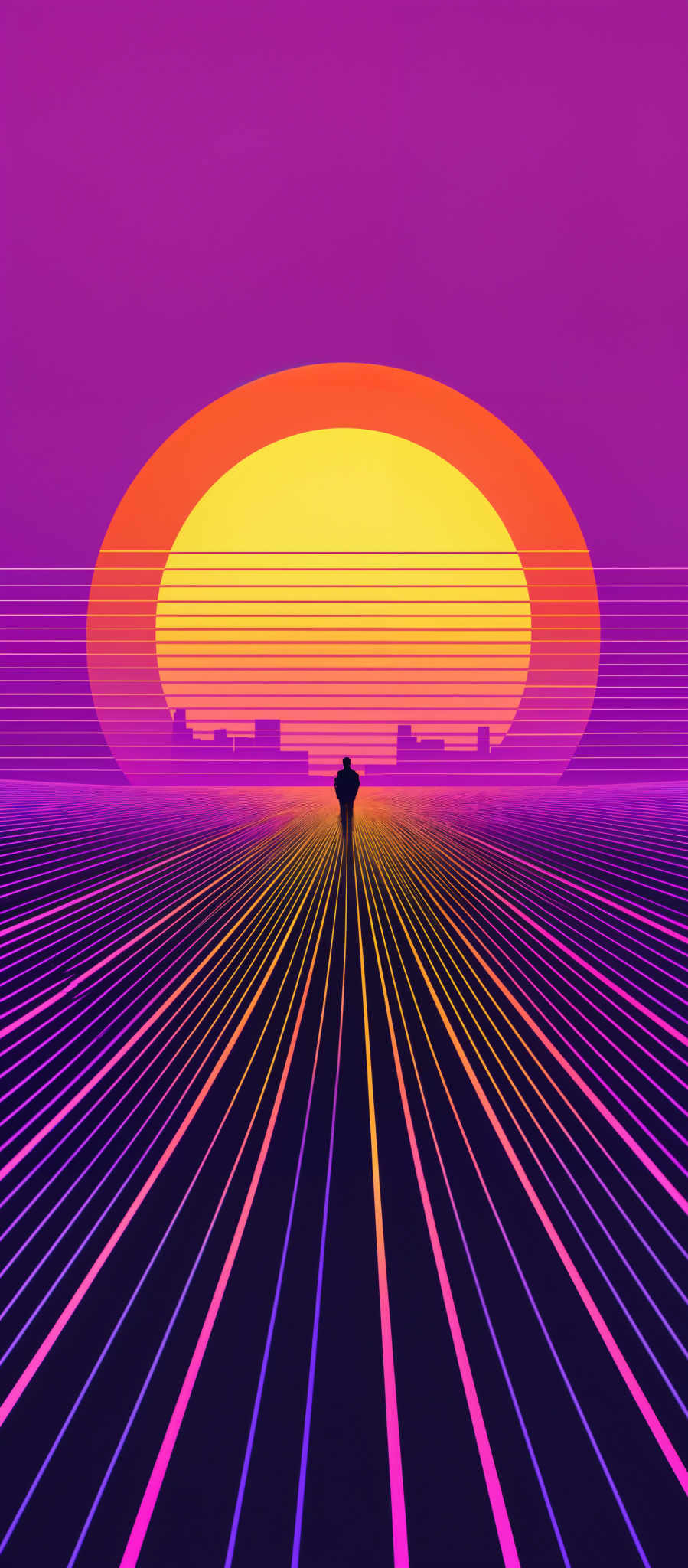 The image showcases a vibrant and colorful scene. The dominant colors are shades of purple, pink, and orange. The shape is circular, representing a sun or moon, with a gradient transitioning from a deep purple at the top to a bright orange at the bottom. The sun or sunset is positioned in the center, casting a warm glow. Below the sun, there's a silhouette of a person standing on a pathway that extends towards the horizon. The pathway is adorned with linear patterns that converge towards the center. In the distance, there are faint outlines of what appear to be buildings or structures.