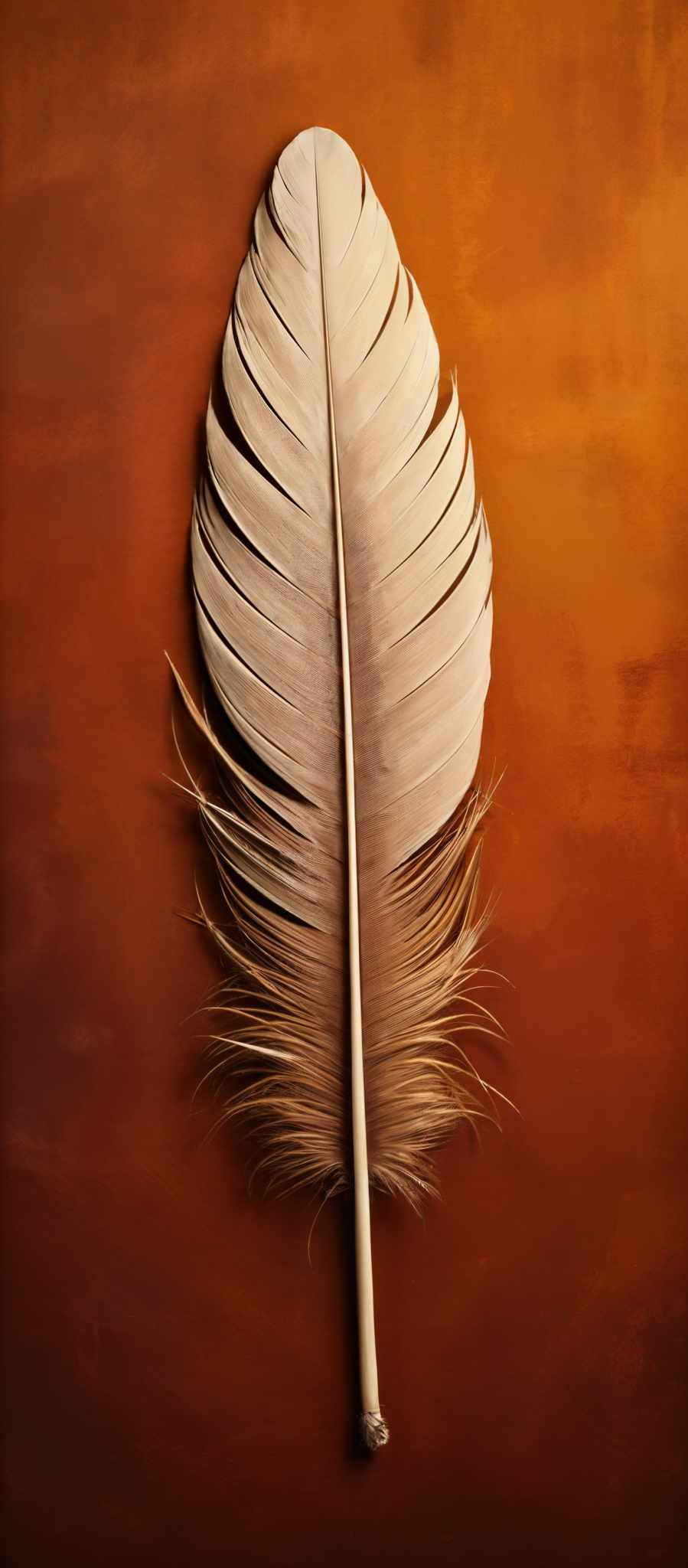 The image showcases a feather with a light beige or cream color. The feather is elongated and has a symmetrical shape with a central vein running through its length. The edges of the feather are slightly jagged, and there are delicate fringes or barbs at the base. The background is a rich, warm orange, creating a contrast that accentuates the feathers' natural beauty.