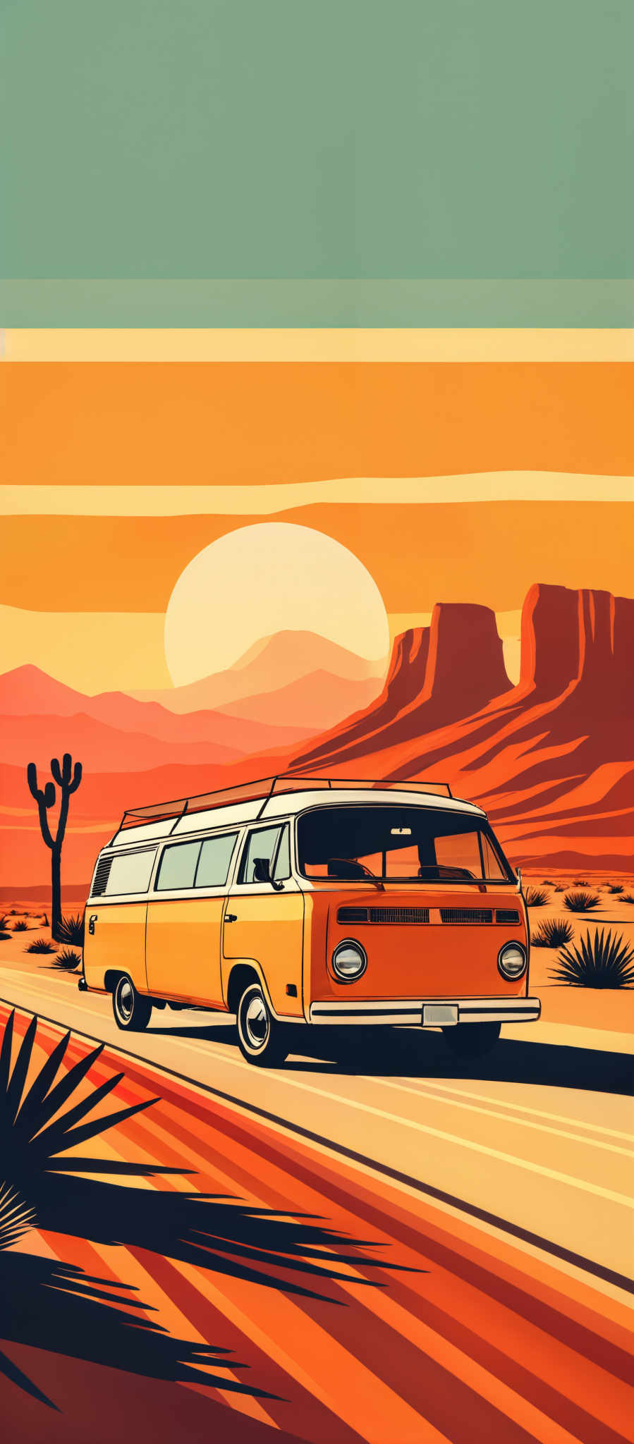 The image showcases a vibrant desert landscape during sunset. The sky is painted in hues of teal, orange, and yellow, with the sun setting in the background, casting a warm glow. The desert features tall cacti, rock formations, and sand dunes. A vintage van is prominently featured in the foreground, driving on a road. The van is yellow with a white roof and has a license plate at the front. The road is surrounded by desert vegetation, and the overall ambiance of the image is serene and adventurous.