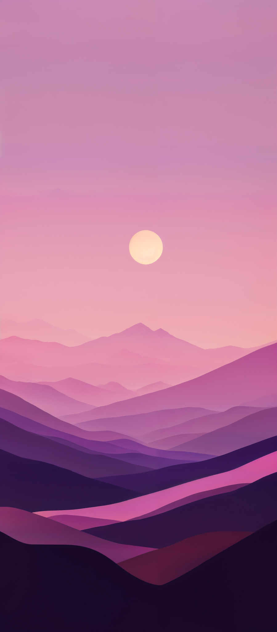 The image showcases a serene landscape during what appears to be either dawn or dusk. Dominating the top half is a gradient of pink and purple hues, transitioning into a deeper shade of purple as it descends. A full moon is prominently displayed in the center, casting a soft glow. Below the moon, the landscape is depicted in layers of undulating hills and mountains, each progressively darker in shade, suggesting depth and distance. The color palette is primarily composed of soft pinks, purples, and deep blues, creating a calming and dreamy atmosphere.