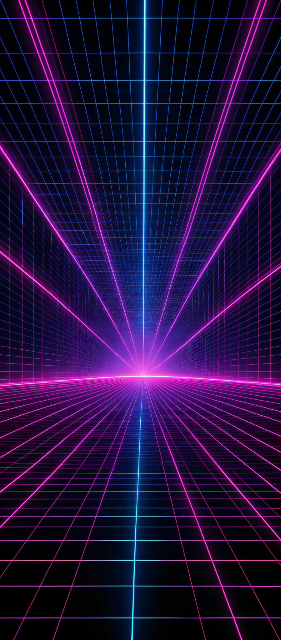 The image showcases a vibrant and dynamic digital landscape. It predominantly features neon colors, with pink and blue grid lines converging towards a central point. The grid lines create a perspective that draws the viewer's eye into the distance, giving a sense of depth and dimension. The overall design is reminiscent of retro-futuristic aesthetics, often associated with the 1980s cyberpunk genre.