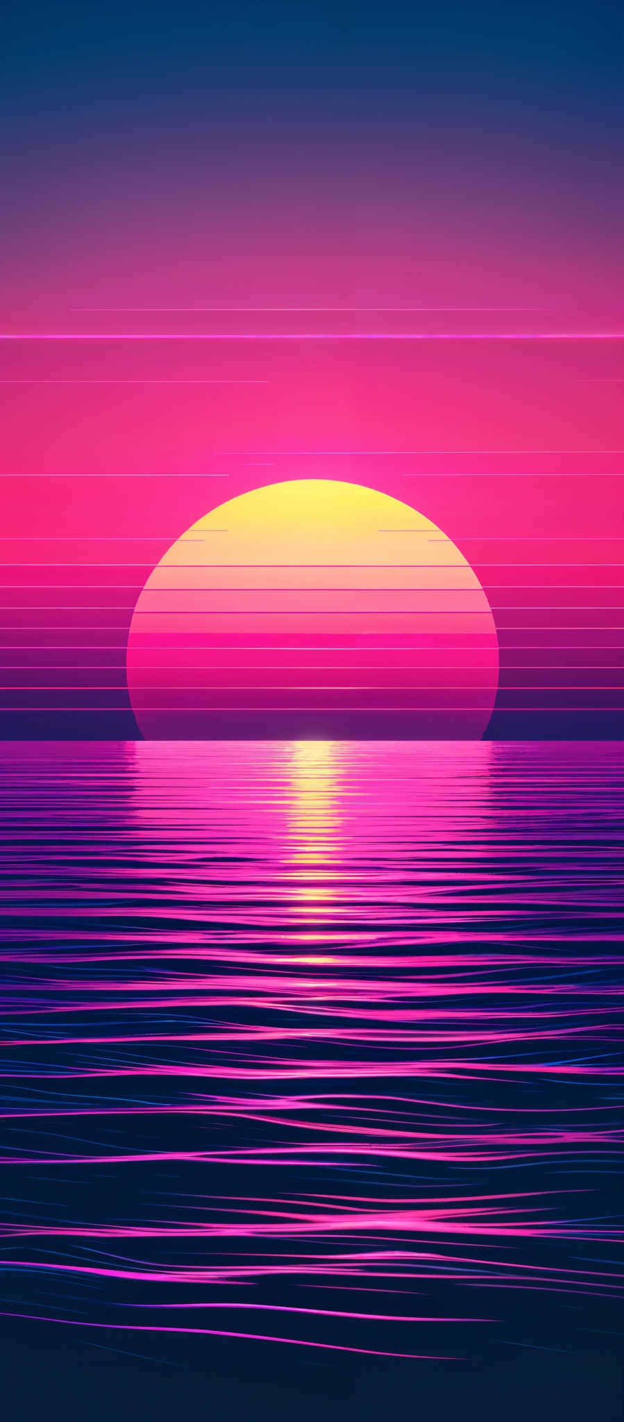 The image showcases a vibrant sunset over a body of water. The sky is painted in hues of deep blue transitioning to a fiery orange near the horizon. The sun is depicted as a large, glowing orb, partially submerged in the water, casting a radiant reflection on the water's surface. The water itself is a gradient of purple and pink, with gentle ripples that mirror the colors of the sky.