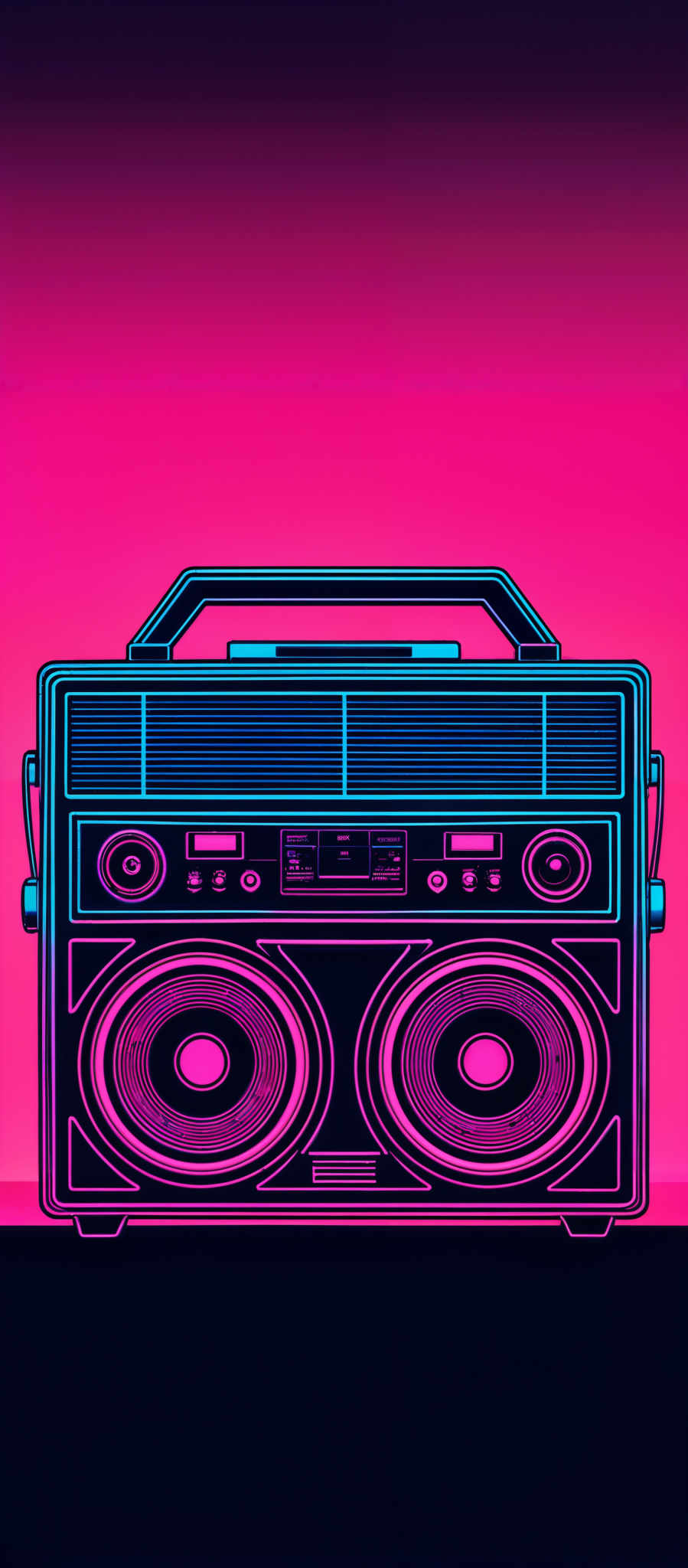 The image showcases a boombox or portable stereo system. It is depicted in a neon-like color scheme with vibrant shades of pink, blue, and purple. The boomBox has two large circular speakers, a central control panel with various buttons, and a handle on top. The background is a gradient of pinks and purples, creating a vivid and retro aesthetic.