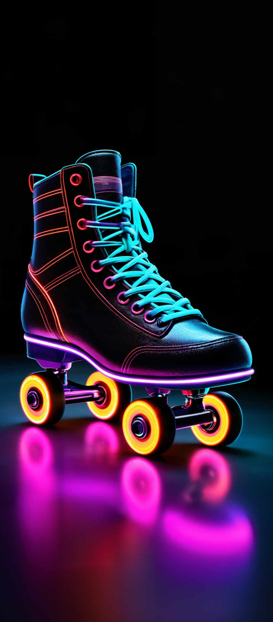 The image showcases a roller skate with neon lighting. The skate has a high-top design with a predominantly black leather finish. The neon lights illuminate the skate, highlighting its contours and edges. The lights are vibrant, emitting hues of blue, pink, and orange. The wheels of the skates glow with a bright orange hue, contrasting with the dark background.