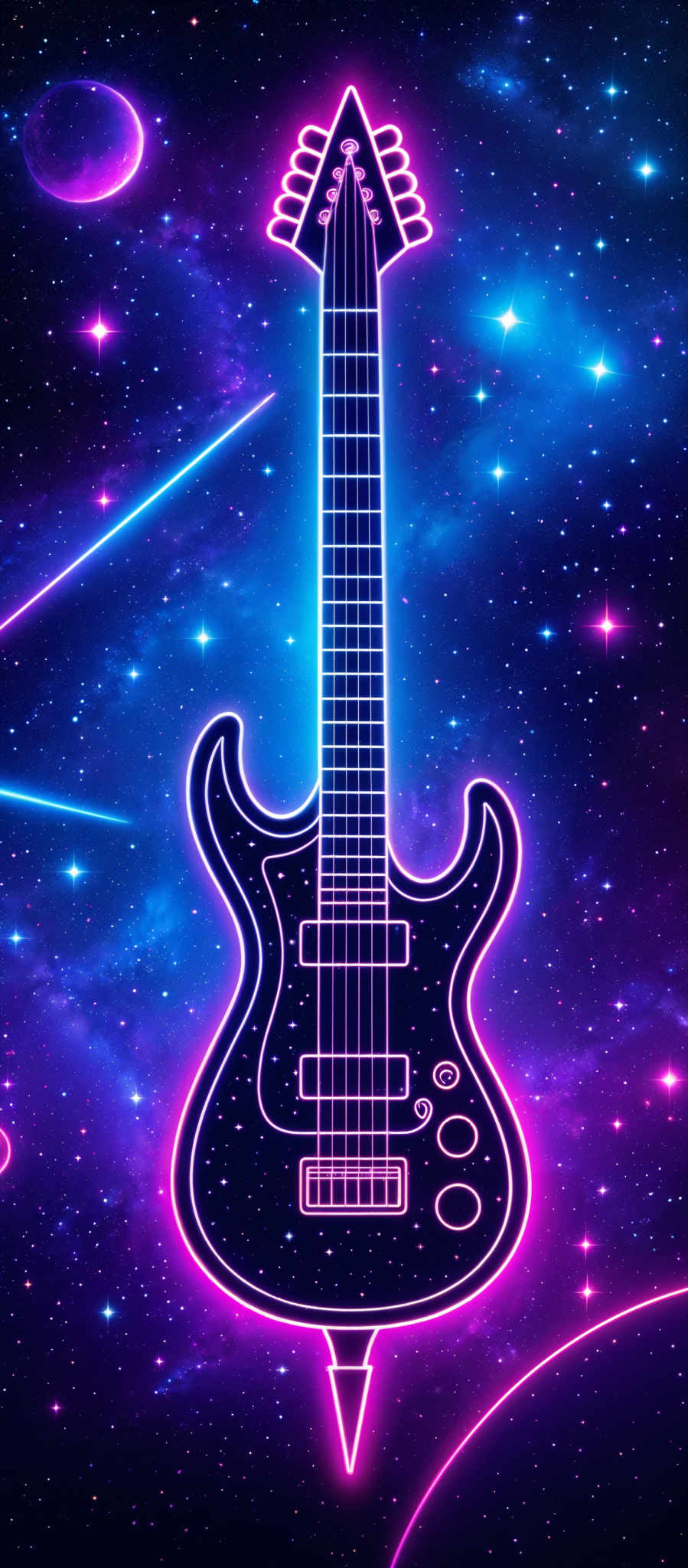 The image showcases a vibrant and neon-lit guitar set against a cosmic background. The guitar is outlined in a bright blue neon, with intricate details like the strings, pickups, and body of the guitar. The background is a mesmerizing blend of deep purples, blues, and hints of pink, representing a galaxy or nebula. There are also bright stars scattered throughout, adding to the cosmic ambiance.