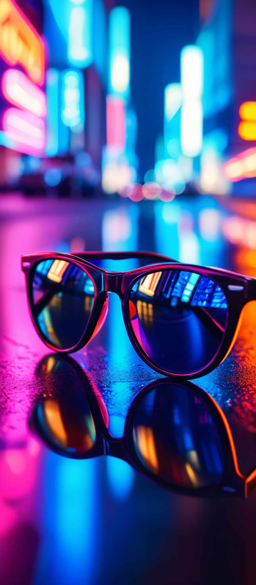 The image showcases a pair of sunglasses placed on a reflective surface. The sunggles have a sleek, black frame with a red accent on the top. The lenses of the sungglasses are multicolored, reflecting vibrant hues of blue, pink, and orange, possibly representing neon lights or digital displays. The background is blurred but appears to be a bustling urban setting with bright neon signs, possibly a city street at night.