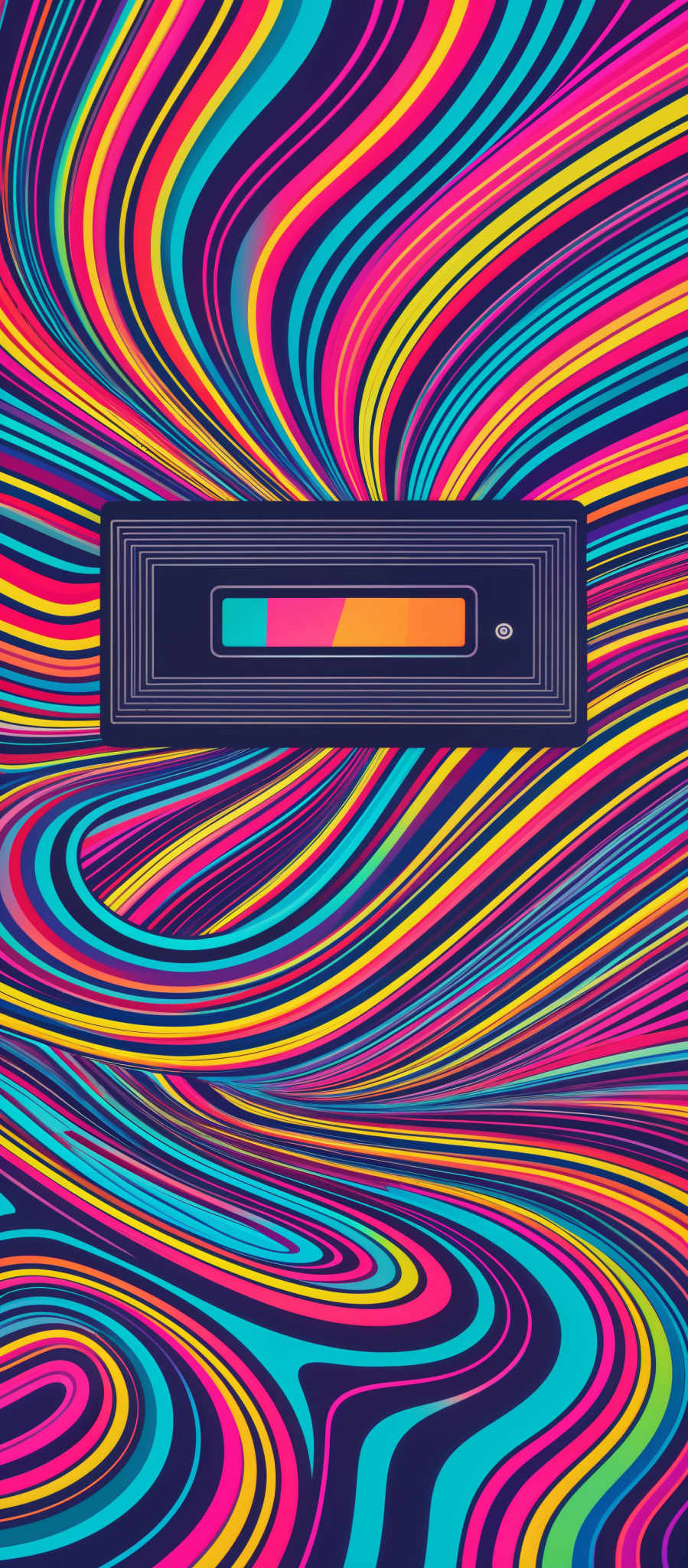 The image showcases a vibrant and swirling pattern of multicolored lines. The lines are intricately intertwined, creating a mesmerizing visual effect. The dominant colors include shades of pink, blue, yellow, and green. In the center, there's a rectangular frame with a gradient bar, displaying a spectrum of colors ranging from pink to orange.